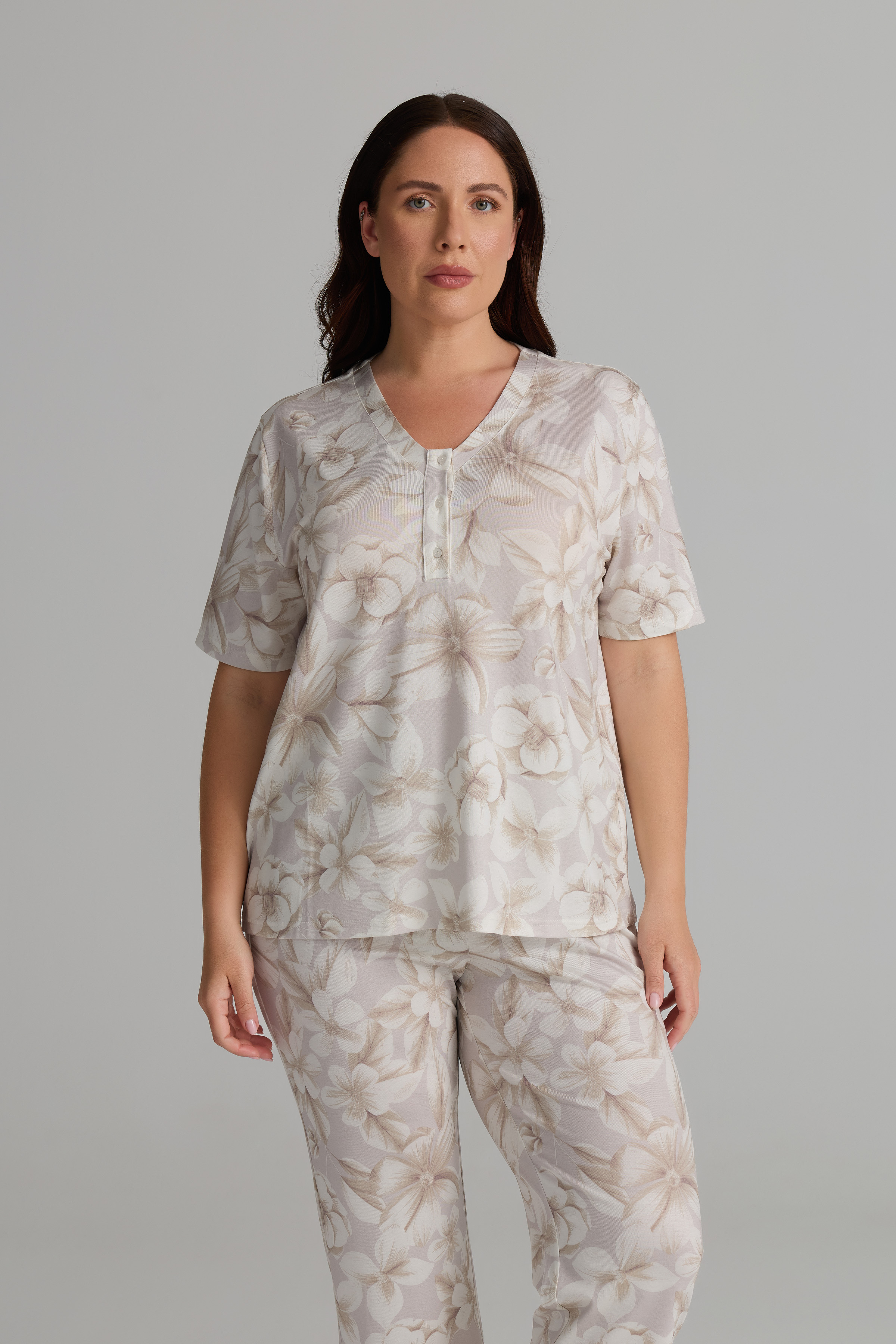 Kadın Plus Size Viskon Kısa Kollu Kapri Pijama Takımı