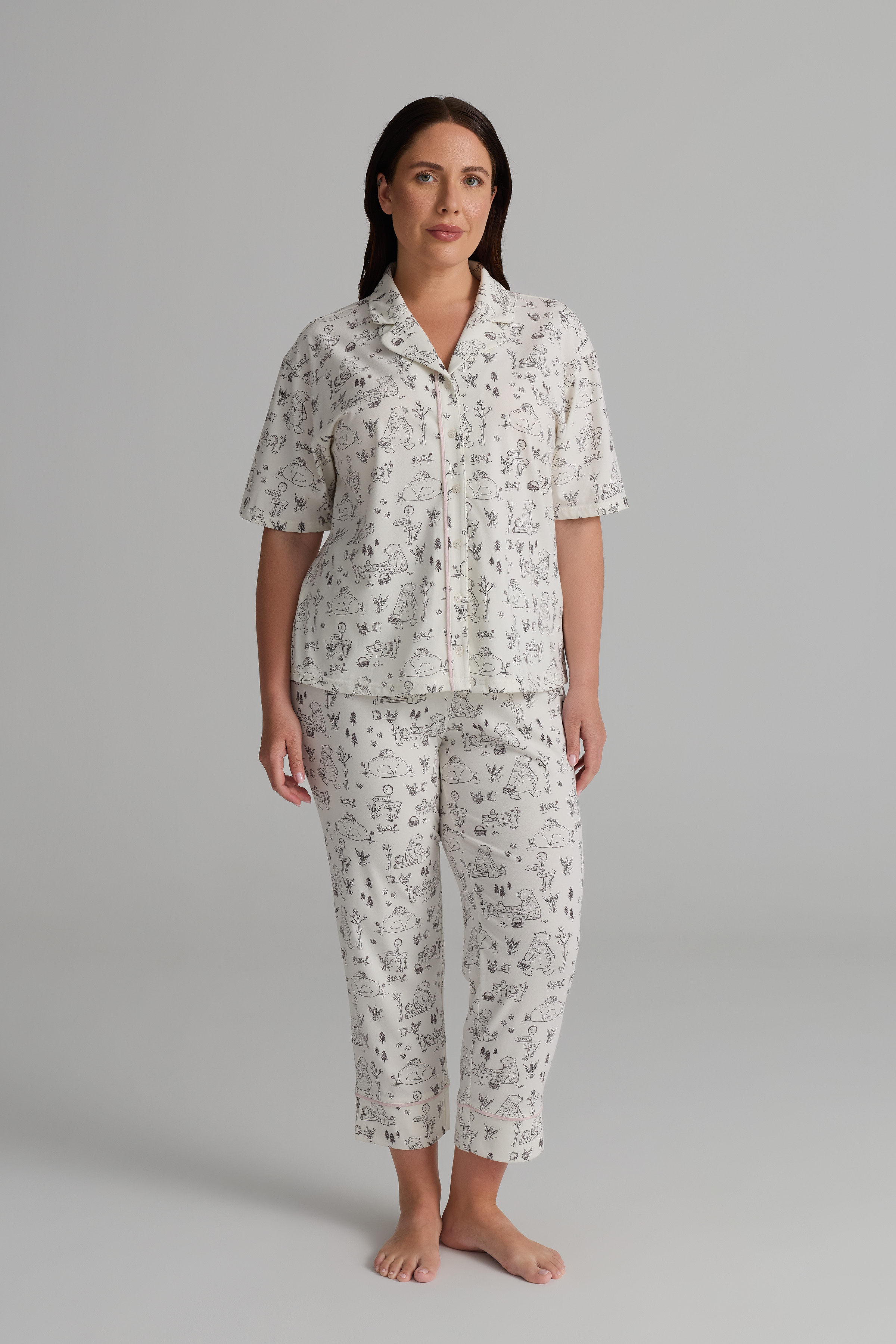 Kadın Plus Size Pamuklu Kısa Kollu Gömlek Uzun Pijama Takımı