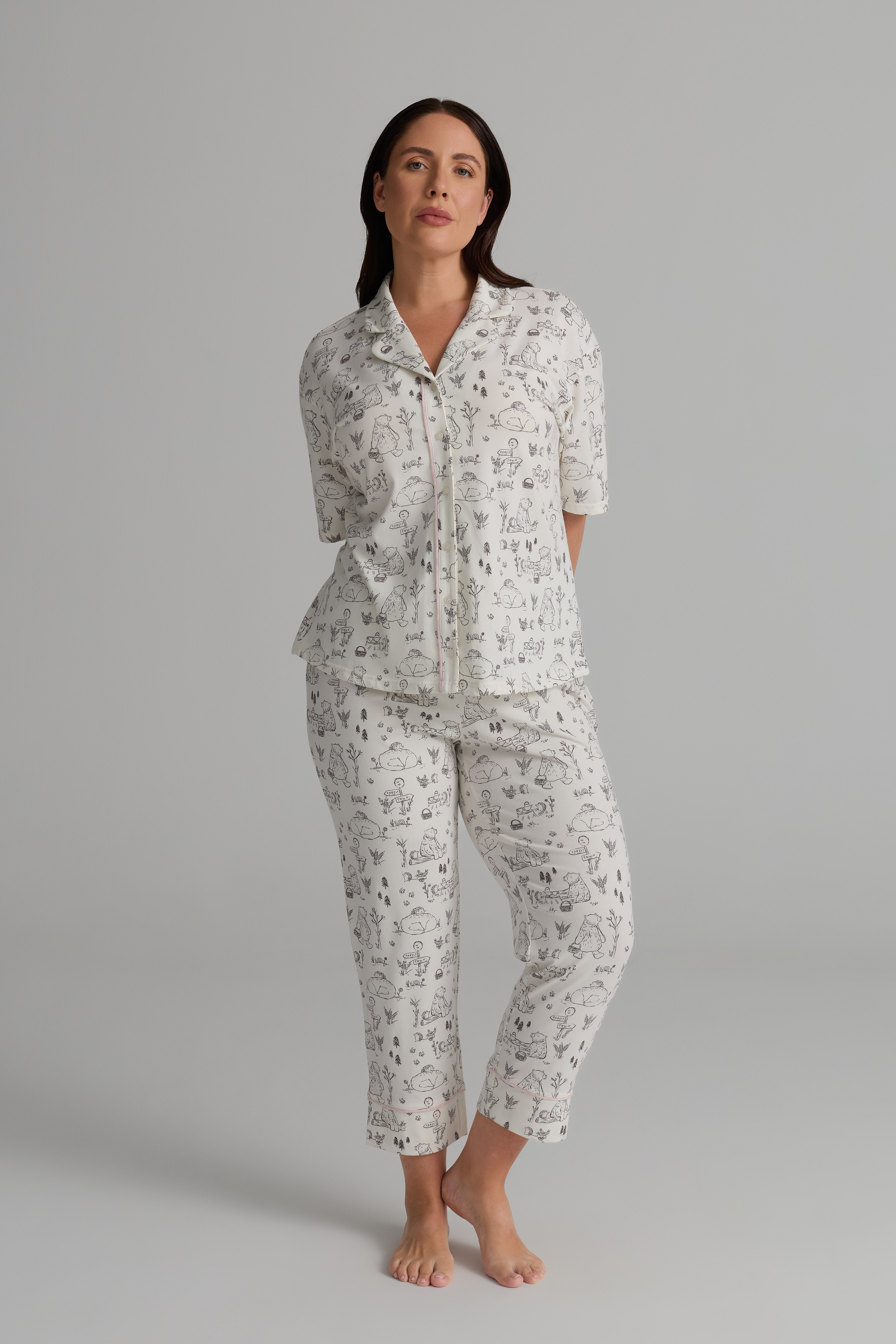 Kadın Plus Size Pamuklu Kısa Kollu Gömlek Uzun Pijama Takımı