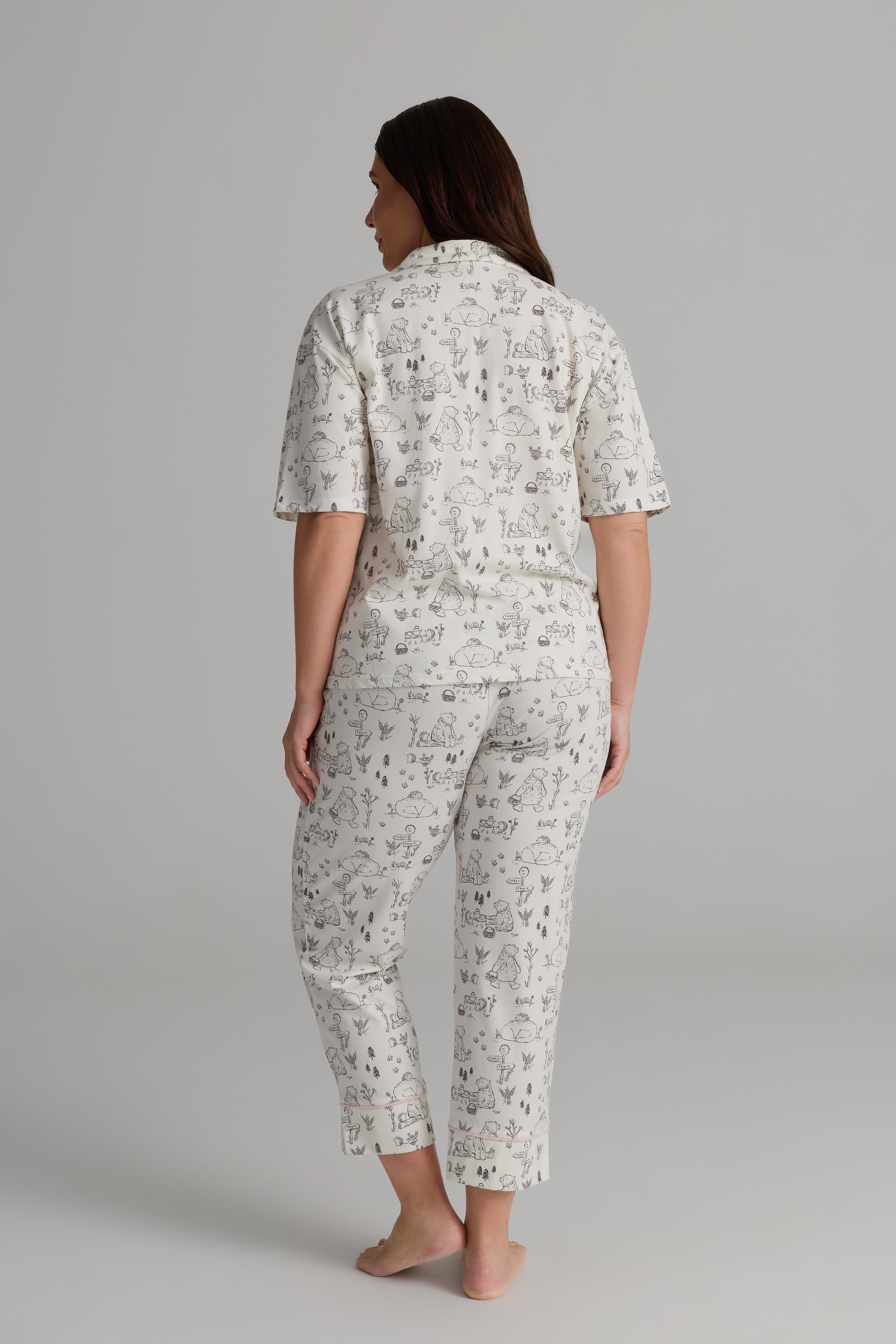 Kadın Plus Size Pamuklu Kısa Kollu Gömlek Uzun Pijama Takımı