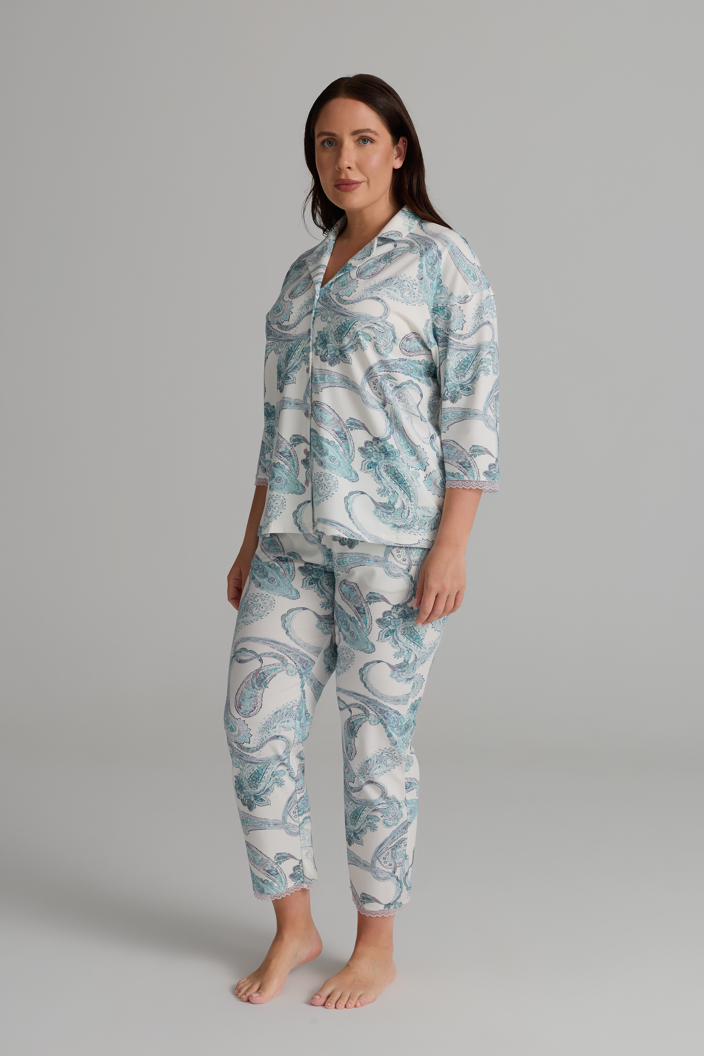 Kadın Plus Size Pamuklu Kısa Kollu Gömlek Uzun Pijama Takımı