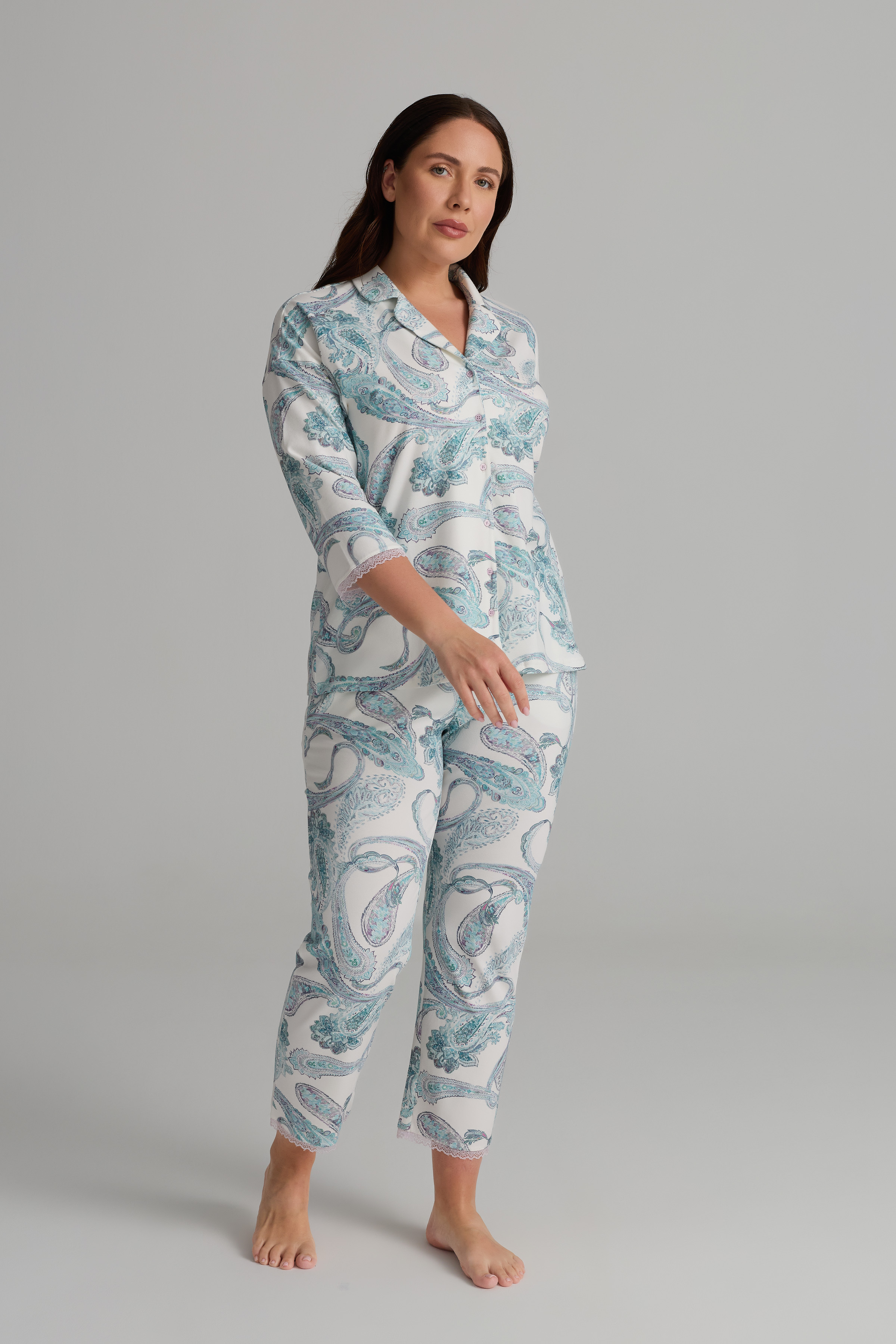 Kadın Plus Size Pamuklu Kısa Kollu Gömlek Uzun Pijama Takımı