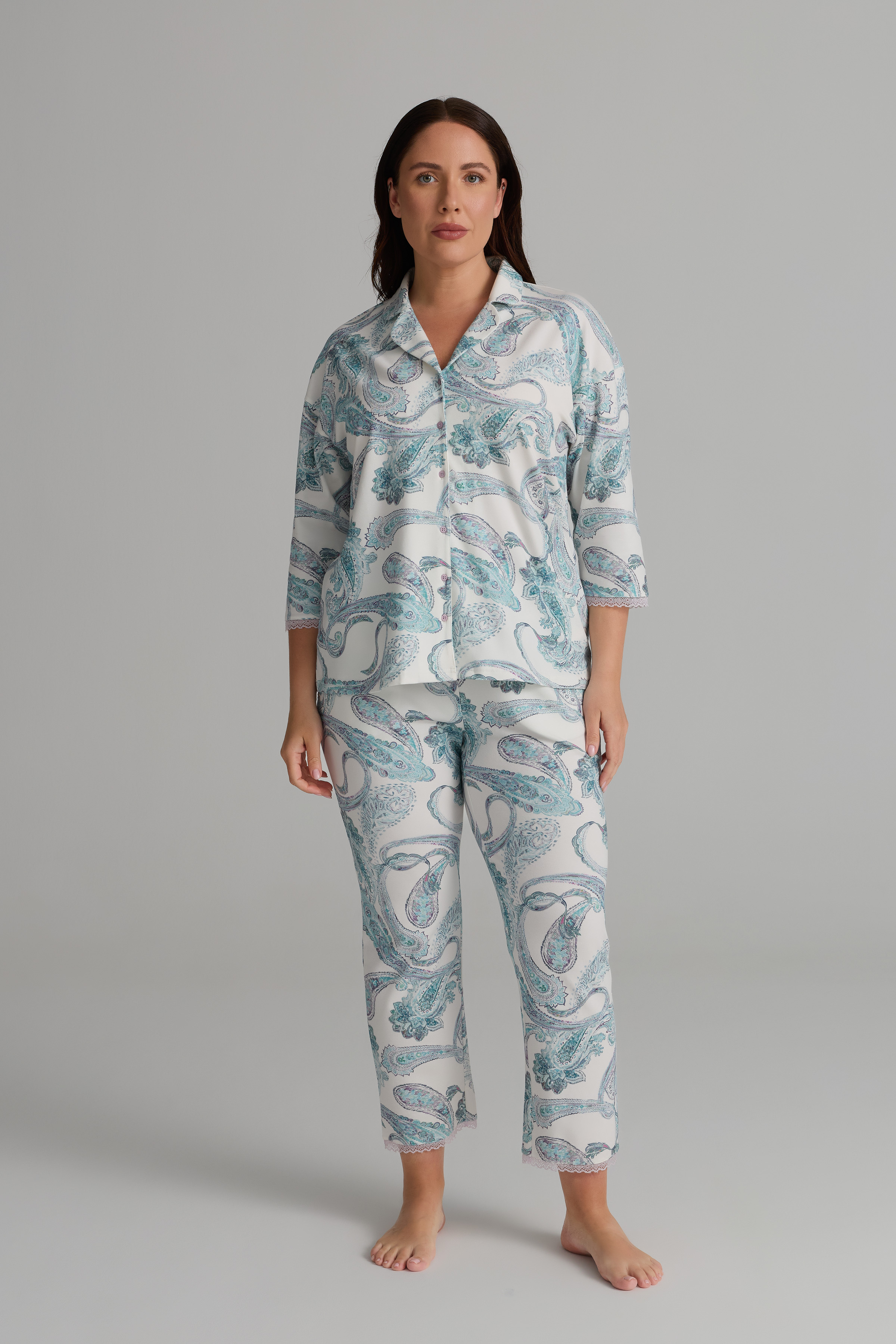 Kadın Plus Size Pamuklu Kısa Kollu Gömlek Uzun Pijama Takımı
