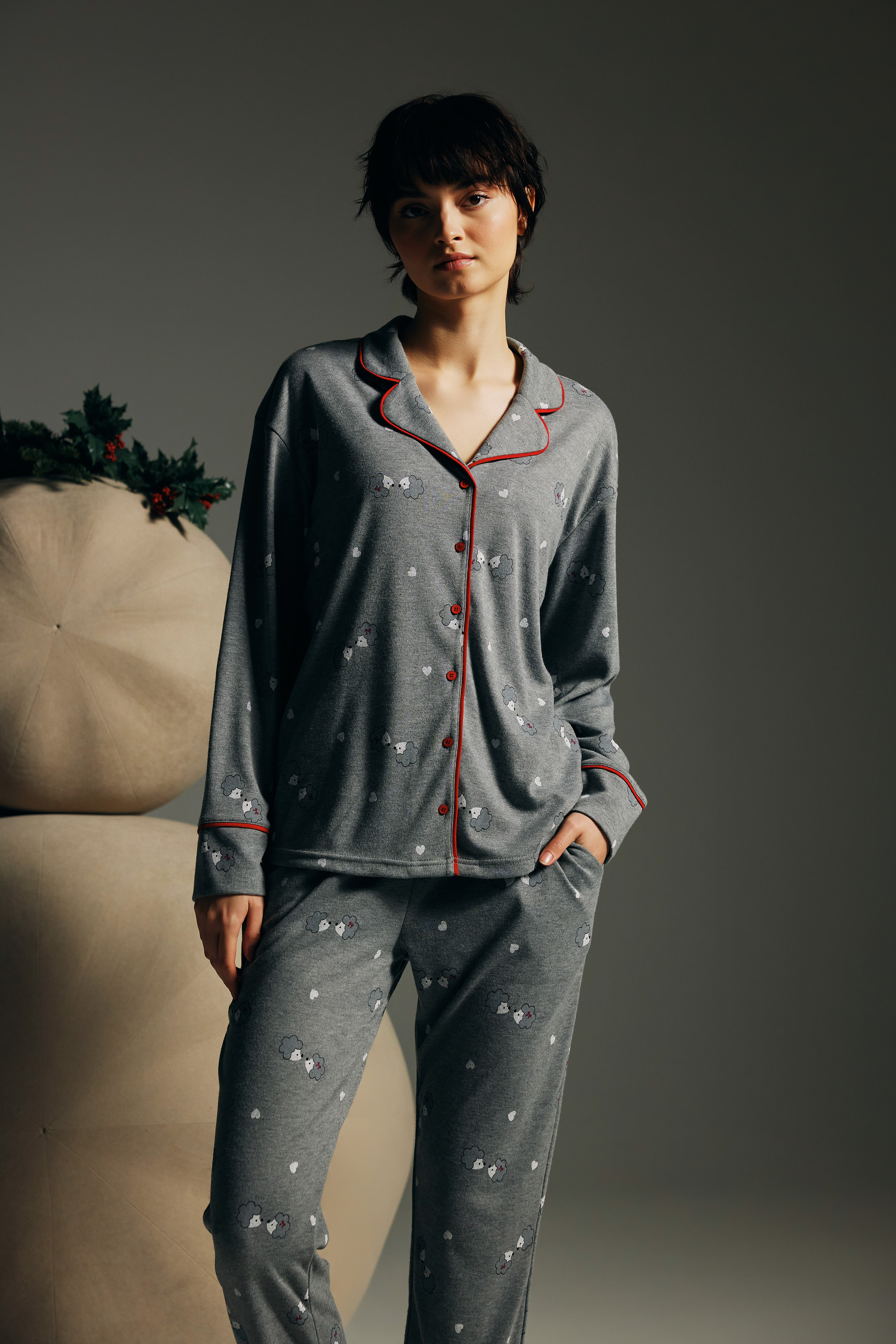 Kadın Pamuklu Uzun Kollu Gömlek Pijama Üstü