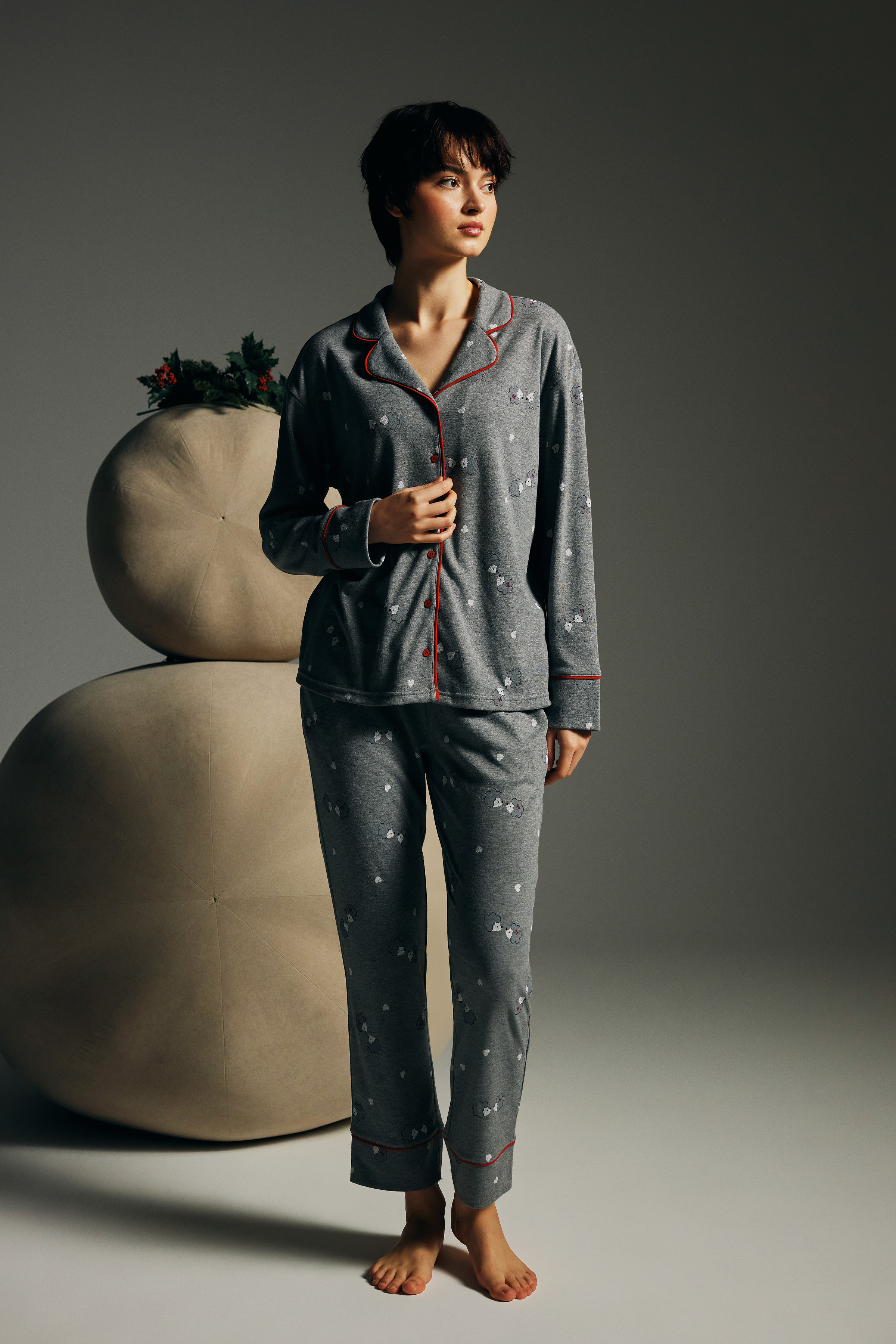 Kadın Pamuklu Uzun Kollu Gömlek Pijama Takımı