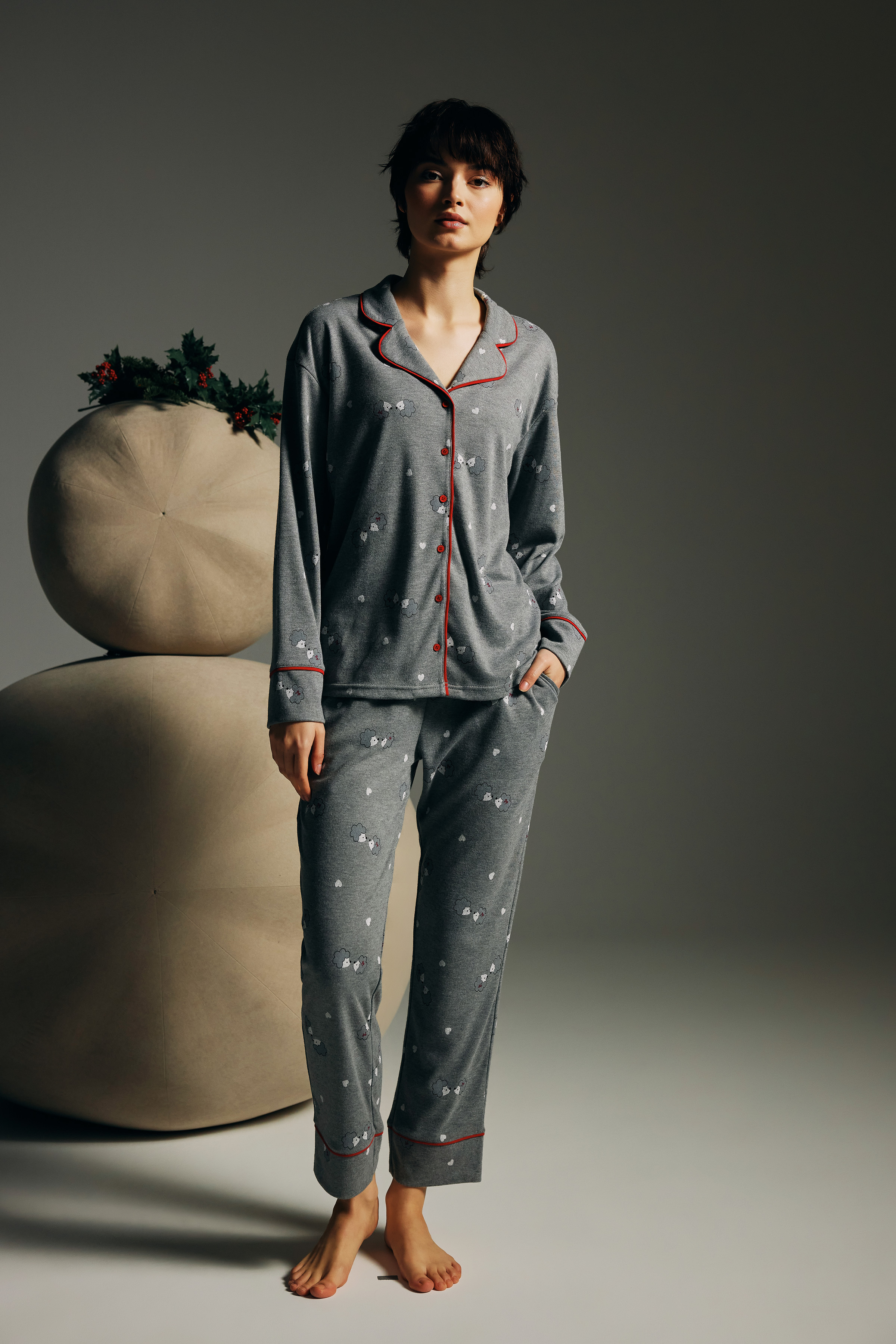 Kadın Pamuklu Uzun Kollu Gömlek Pijama Takımı