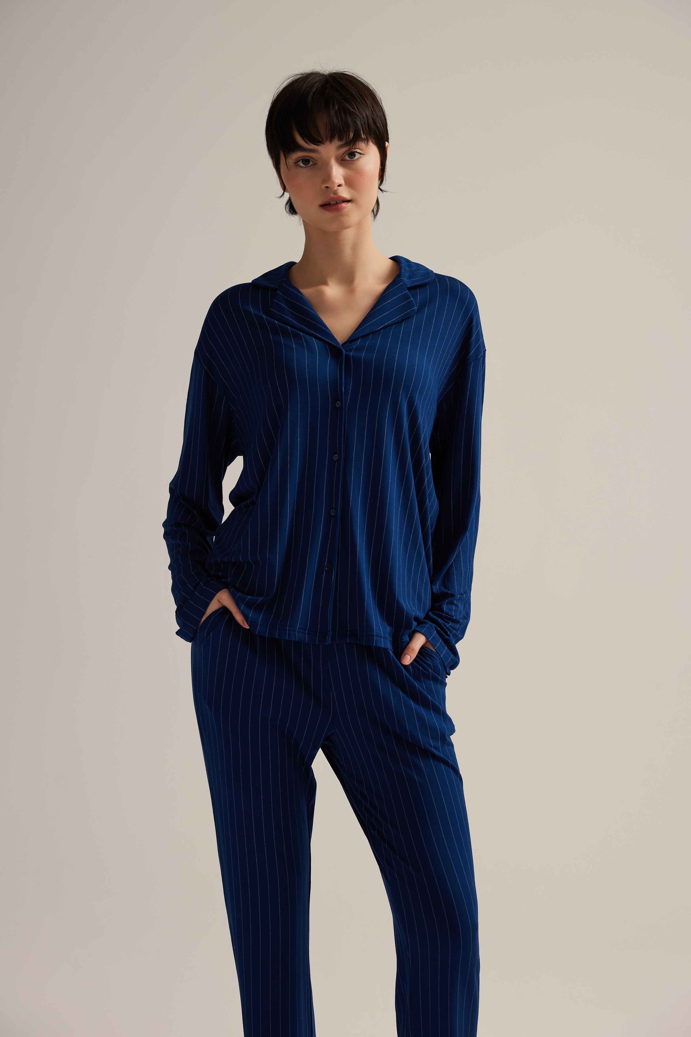 Kadın Viskon Uzun Kollu Gömlek Pijama Üstü