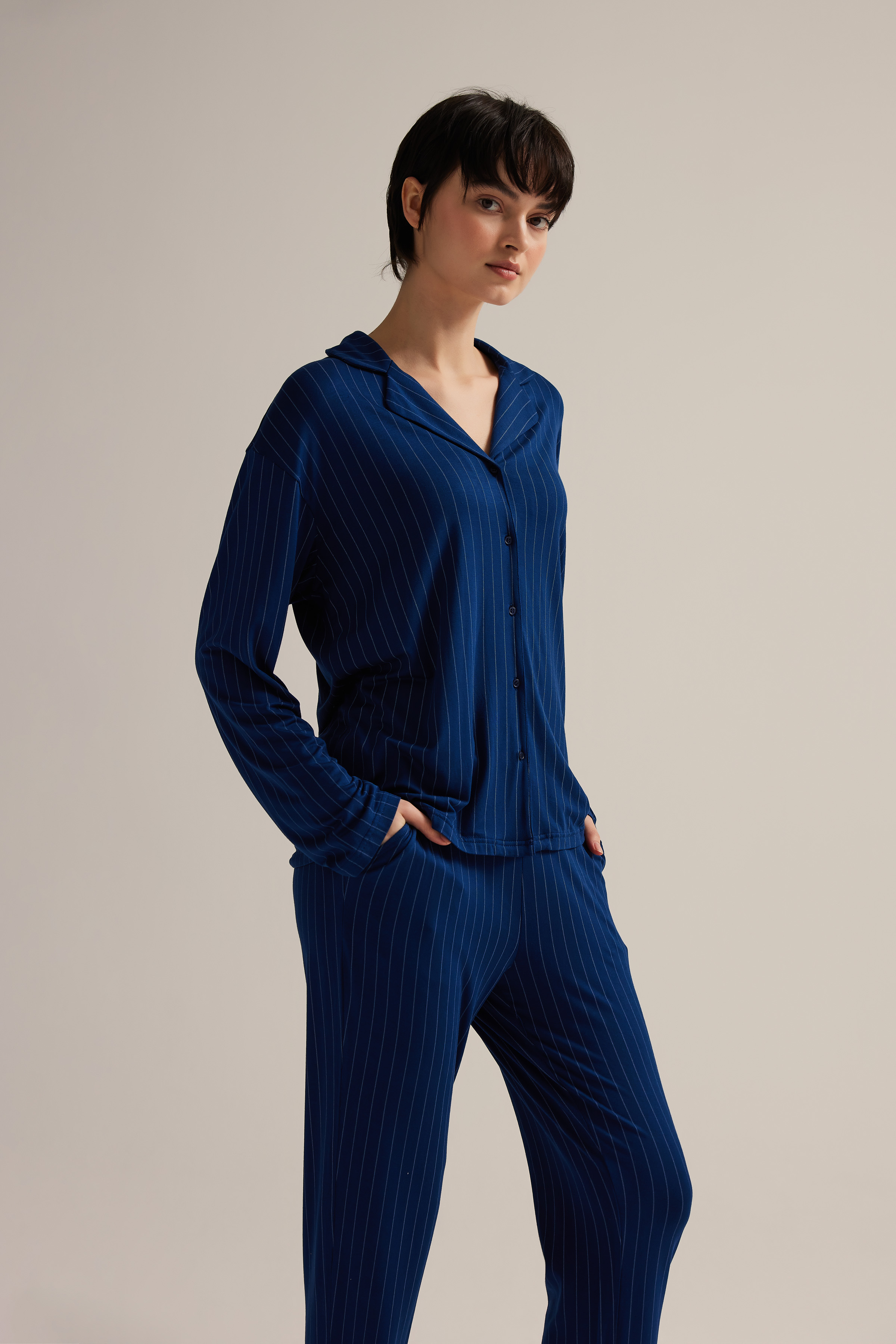 Kadın Viskon Uzun Kollu Gömlek Pijama Üstü