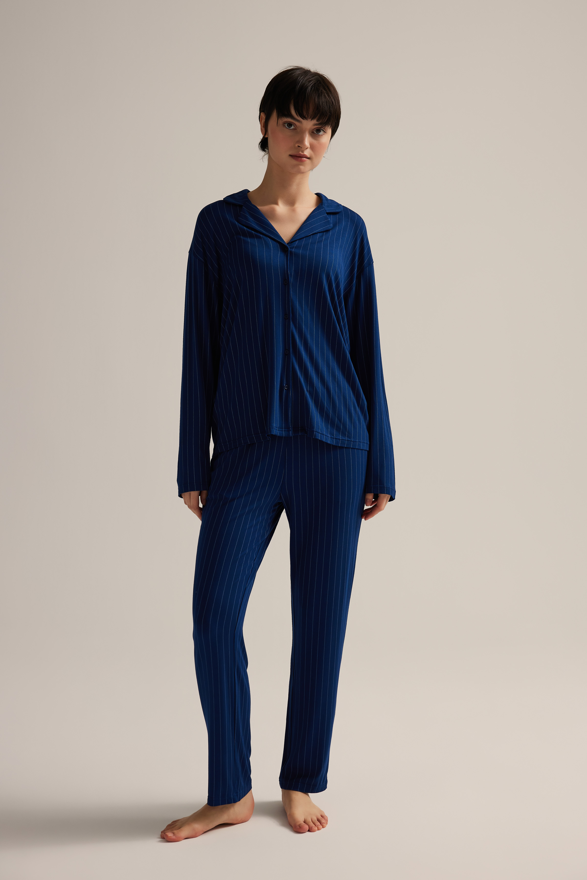 Kadın Viskon Uzun Kollu Gömlek Pijama Üstü