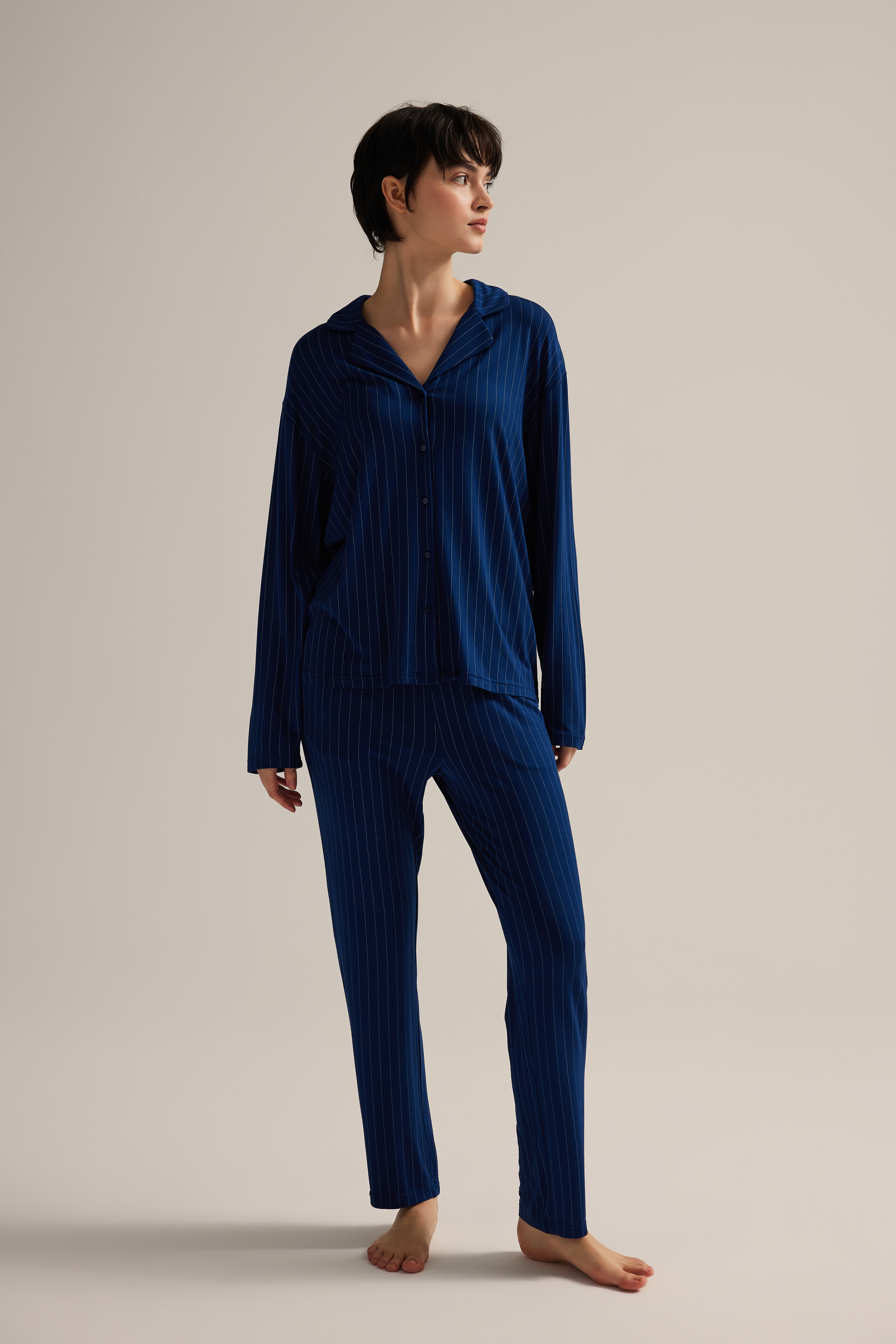 Kadın Viskon Uzun Kollu Gömlek Pijama Takımı