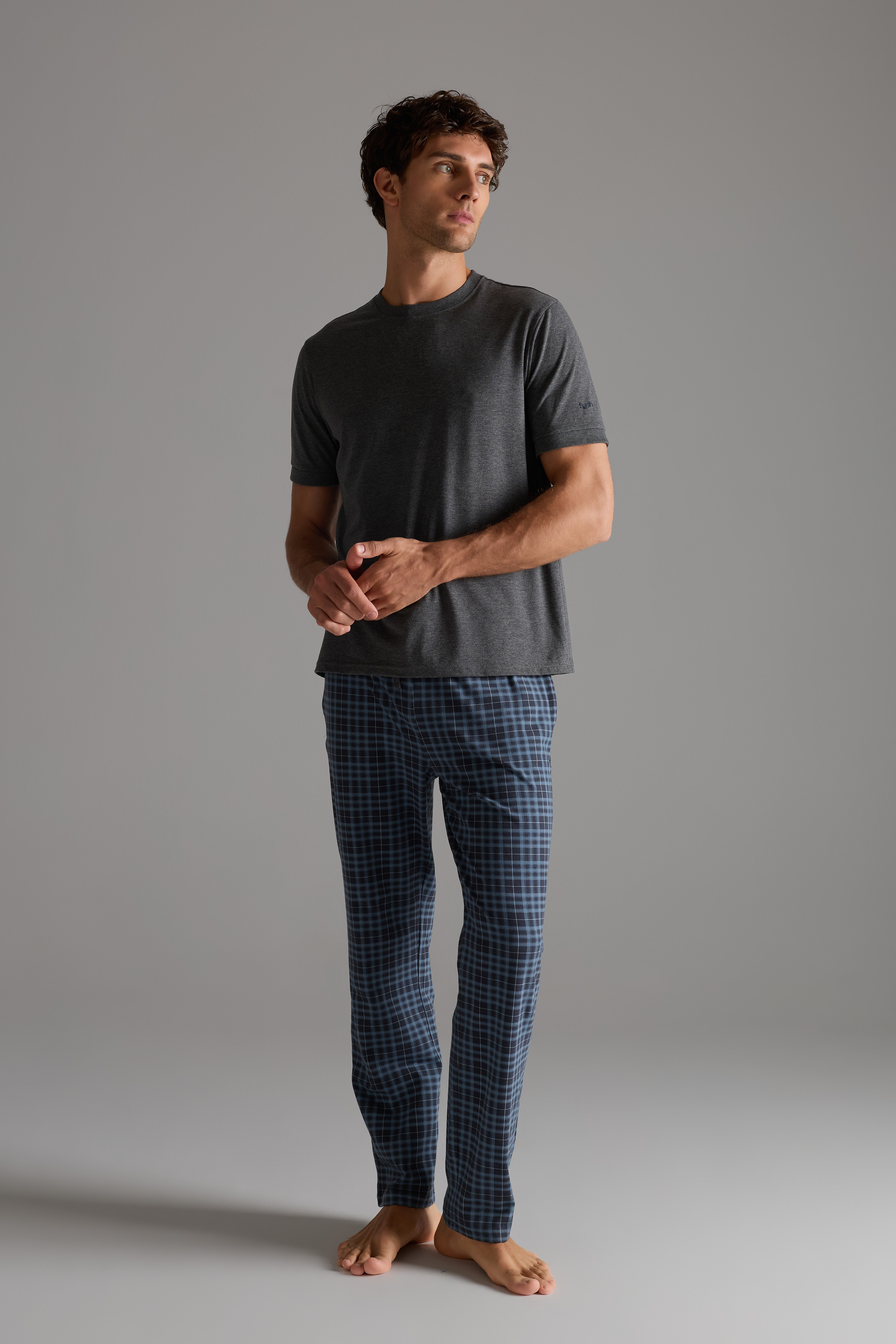 Erkek Pamuklu Kısa Kollu Uzun Pijama Takımı