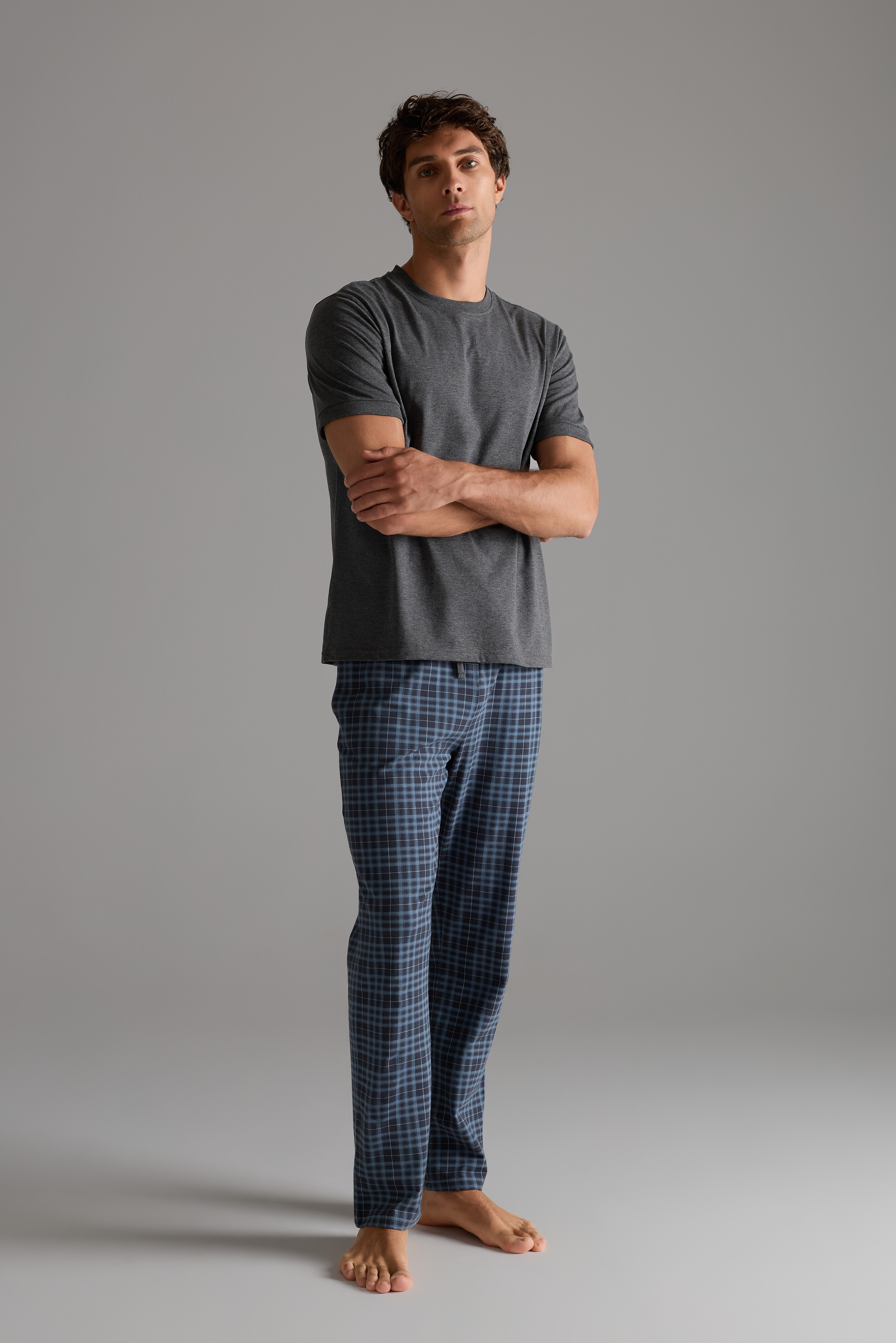 Erkek Pamuklu Kısa Kollu Uzun Pijama Takımı