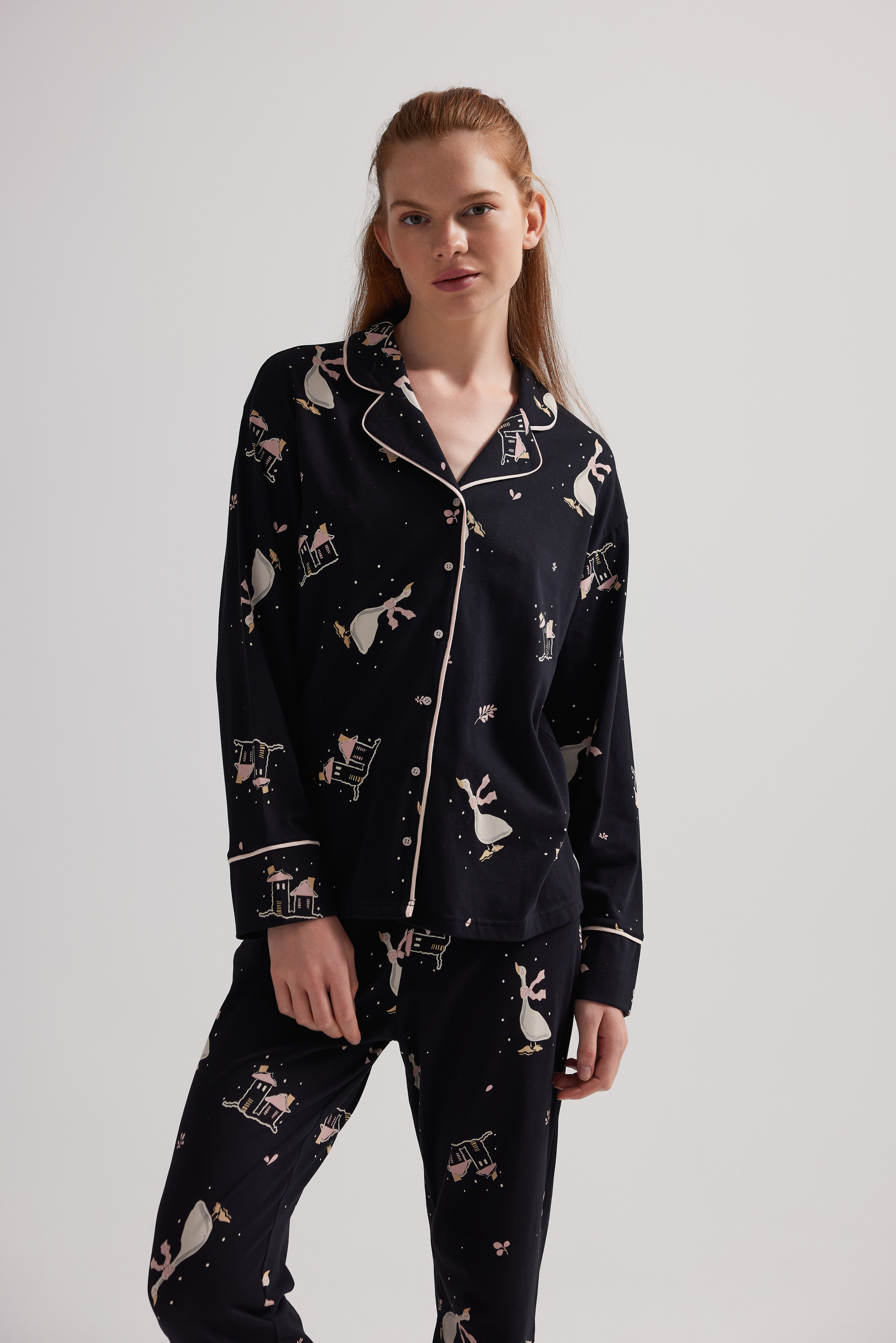 Kadın Pamuklu Uzun Kollu Gömlek Pijama Üstü