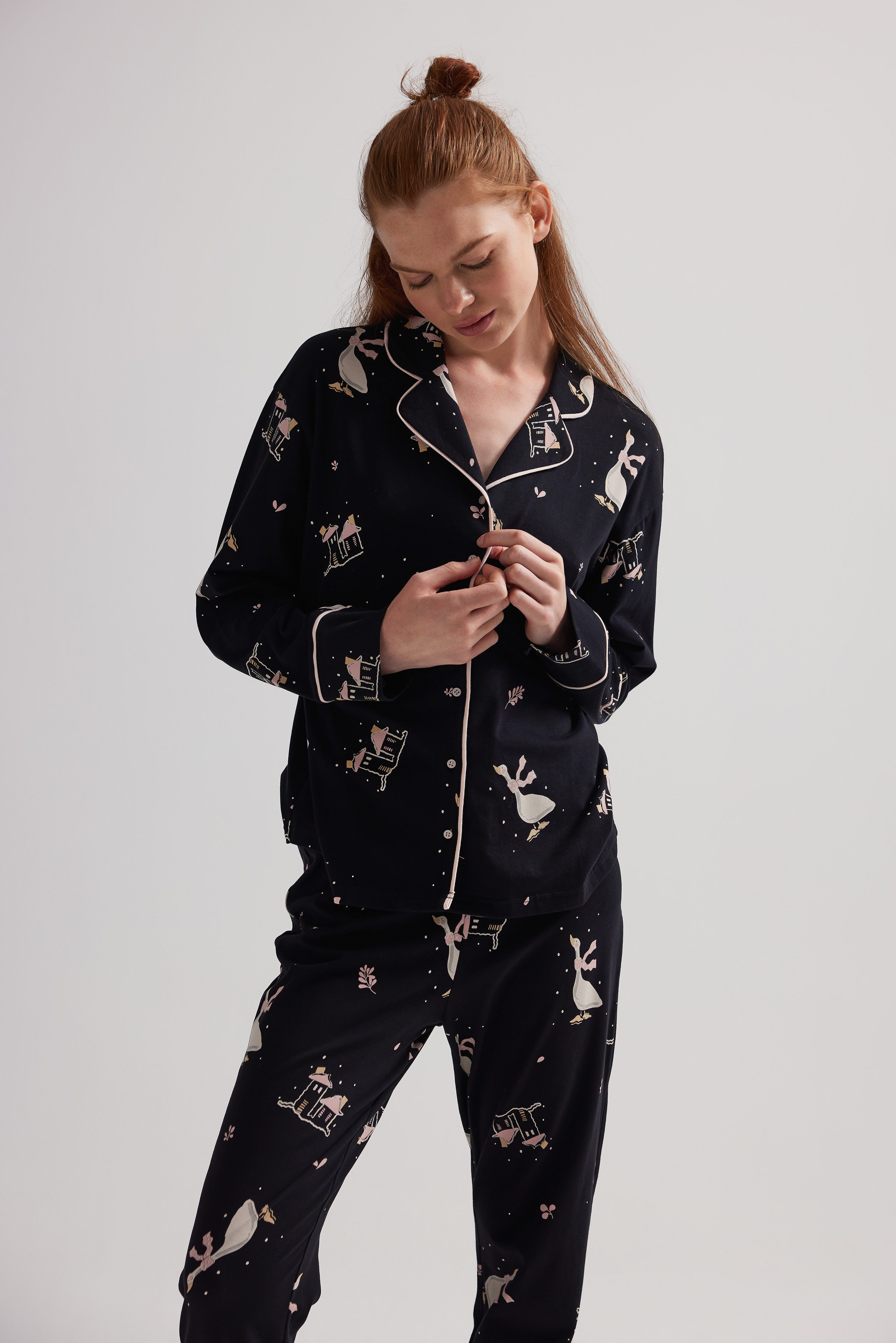 Kadın Pamuklu Uzun Kollu Gömlek Pijama Üstü