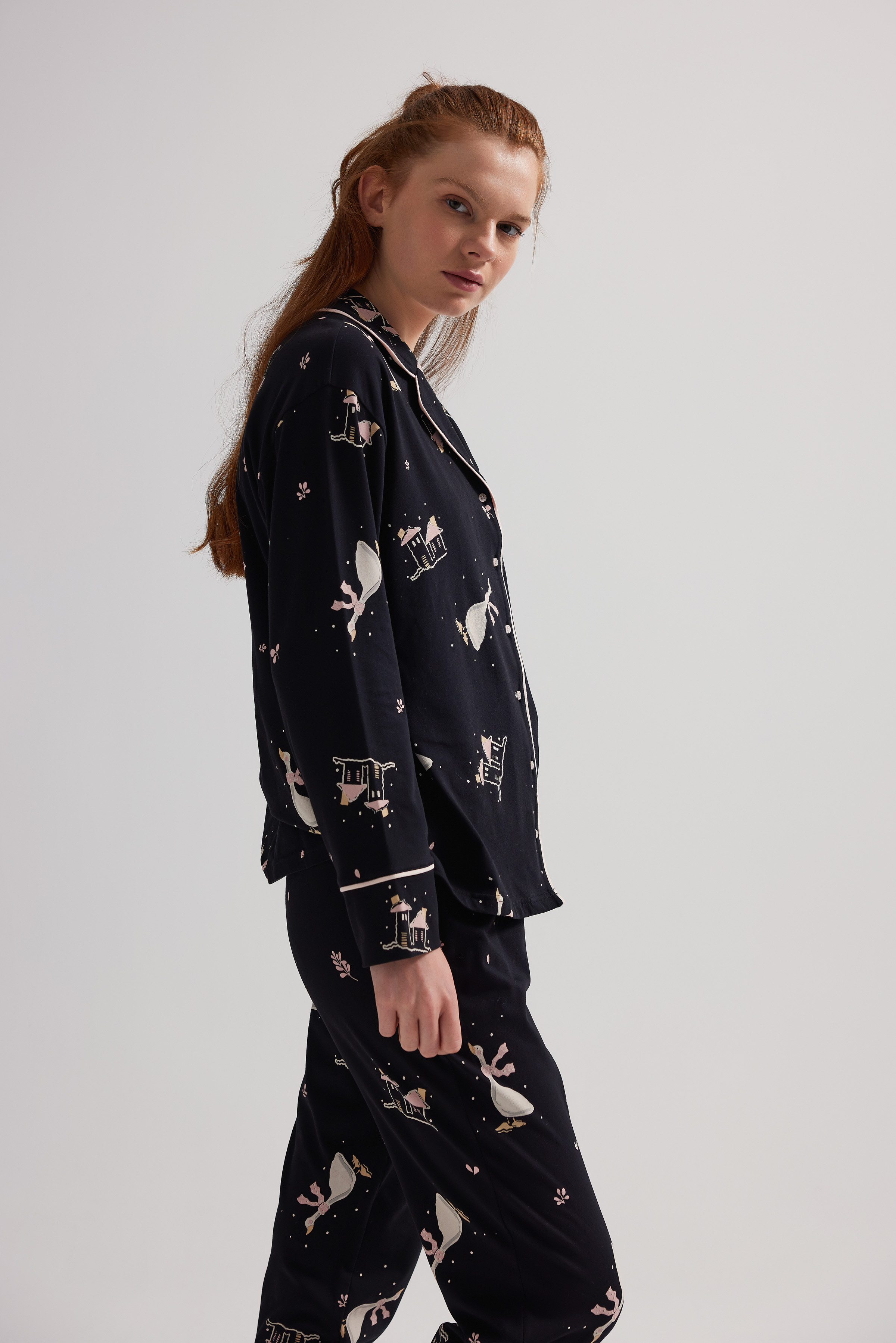 Kadın Pamuklu Uzun Kollu Gömlek Pijama Üstü