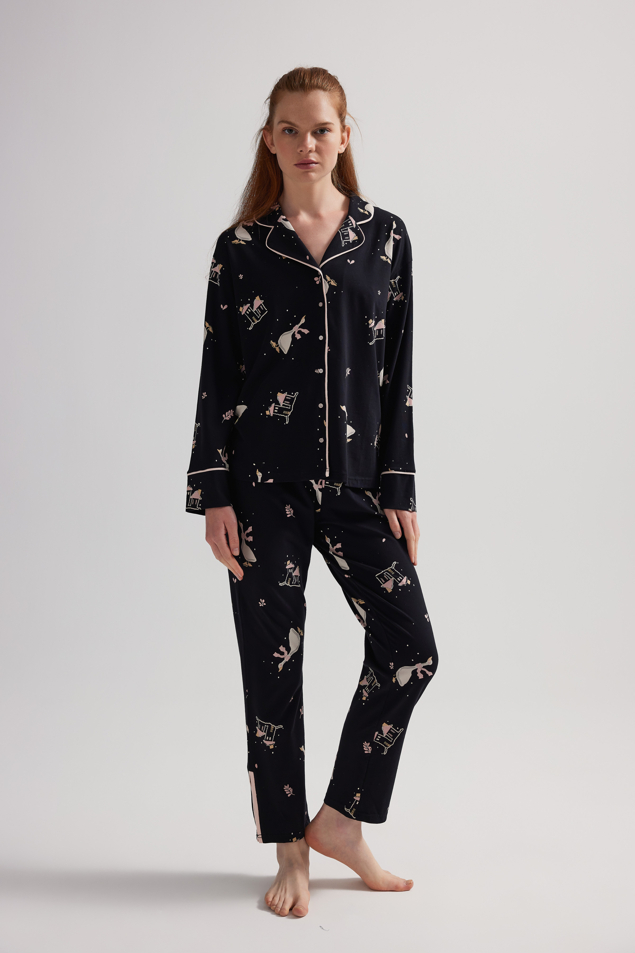 Kadın Pamuklu Uzun Kollu Gömlek Pijama Takımı