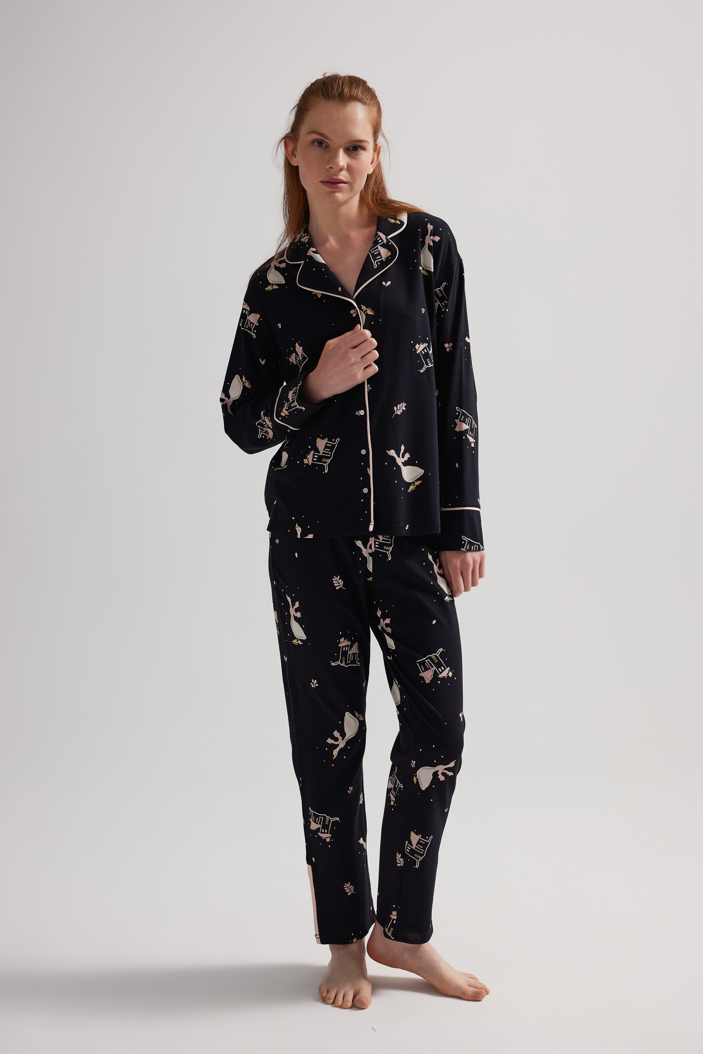 Kadın Pamuklu Uzun Kollu Gömlek Pijama Takımı