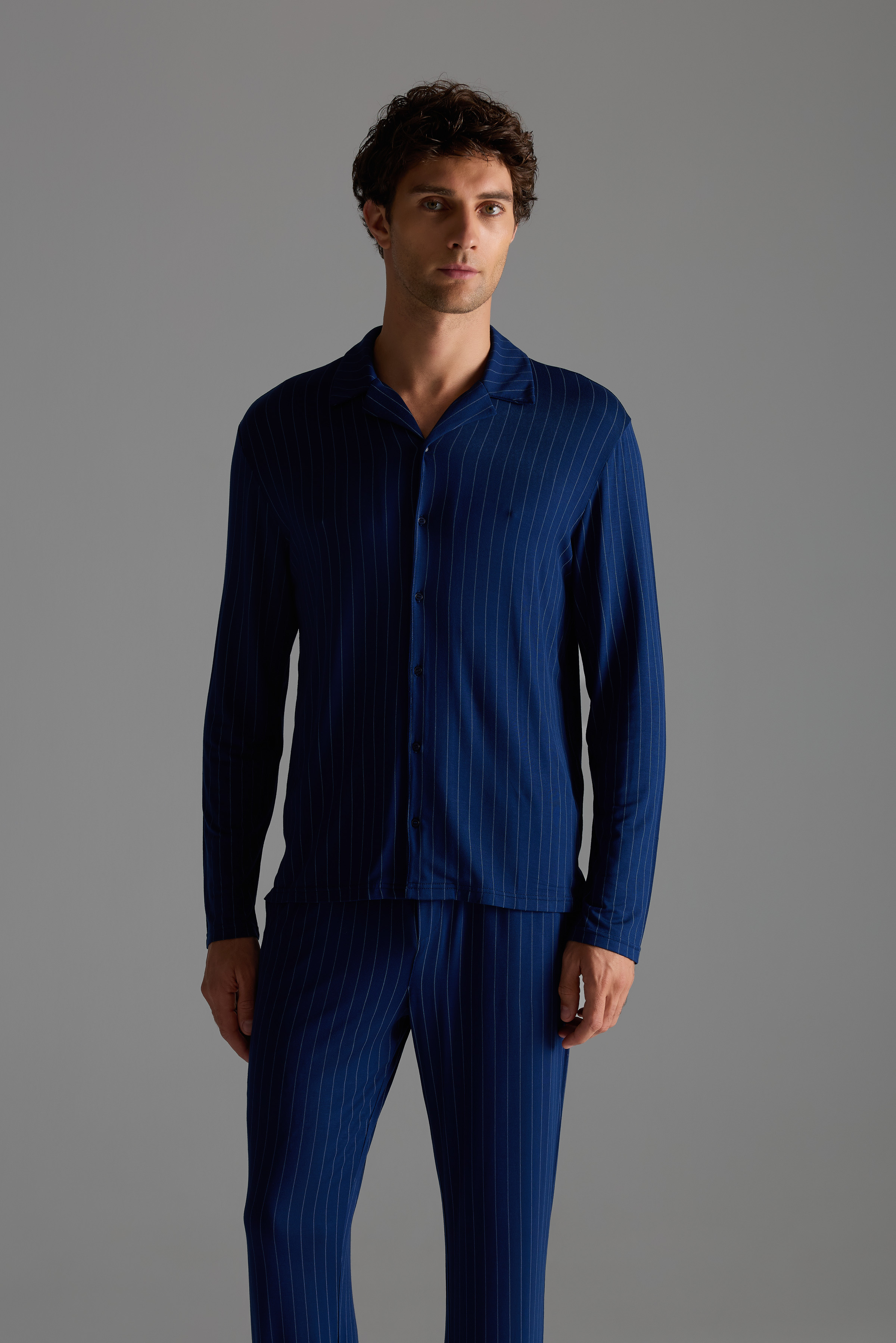 Erkek Viskon Uzun Kollu Gömlek Pijama Üstü