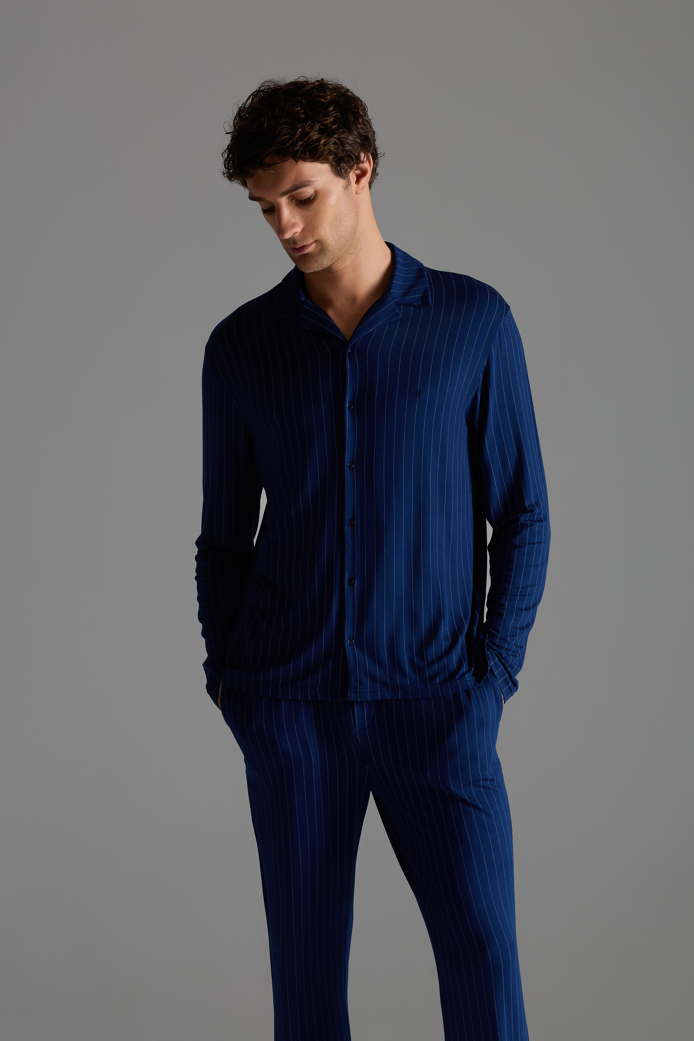 Erkek Viskon Uzun Kollu Gömlek Pijama Üstü