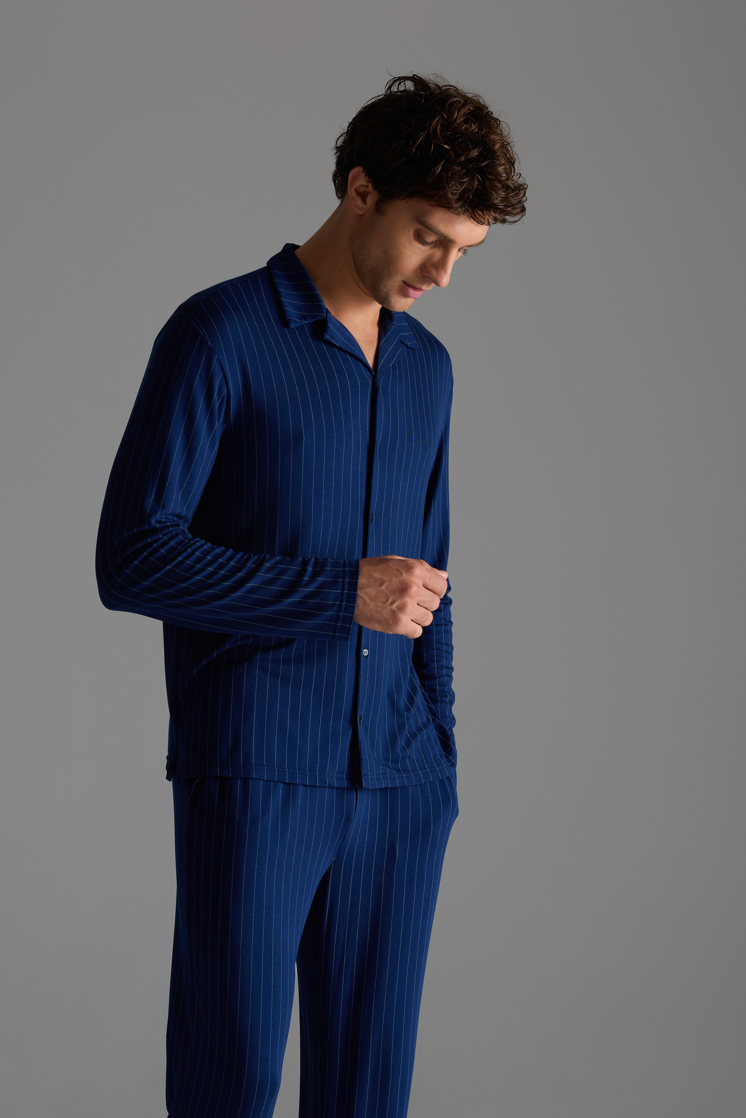 Erkek Viskon Uzun Kollu Gömlek Pijama Üstü