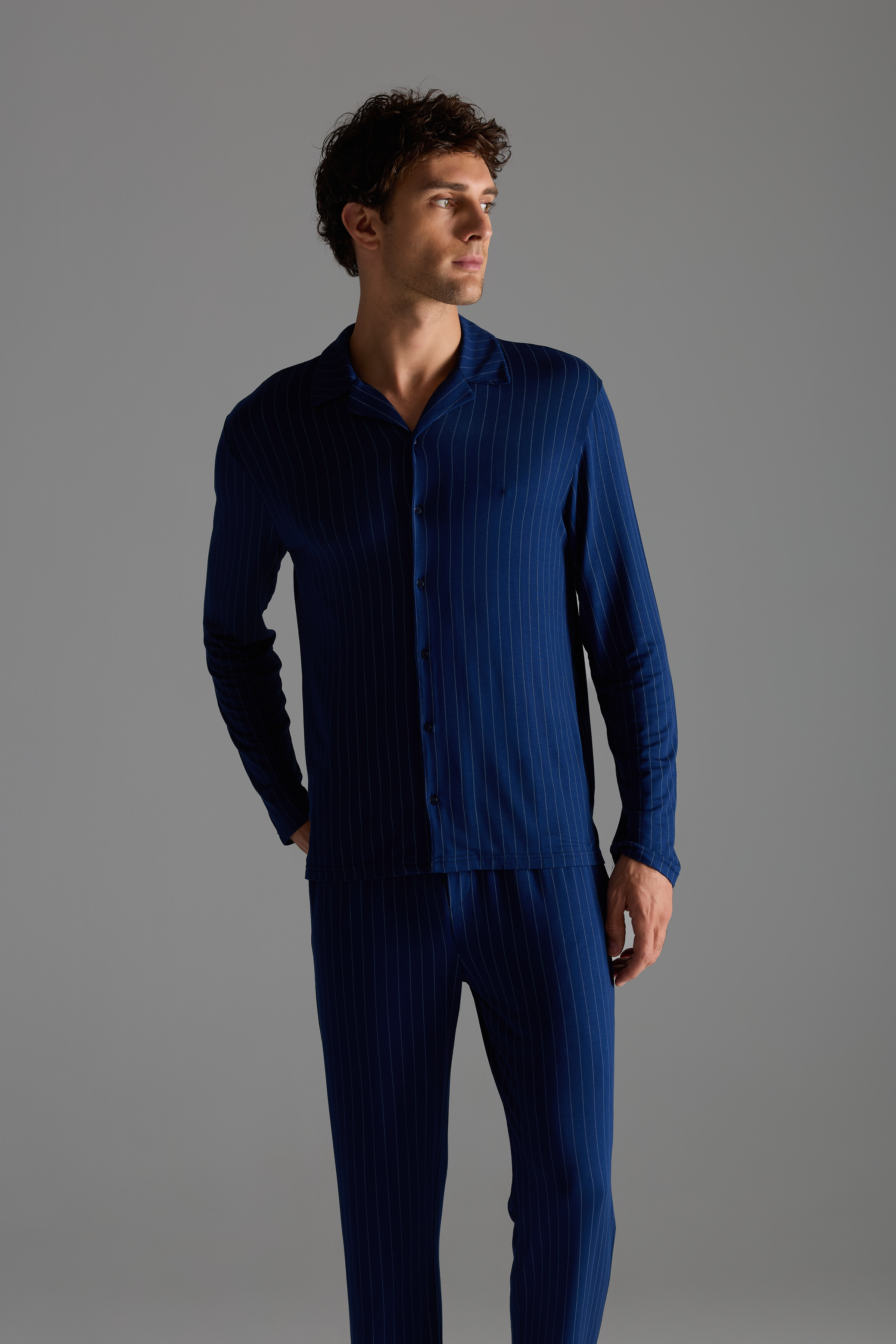 Erkek Viskon Uzun Kollu Gömlek Pijama Üstü