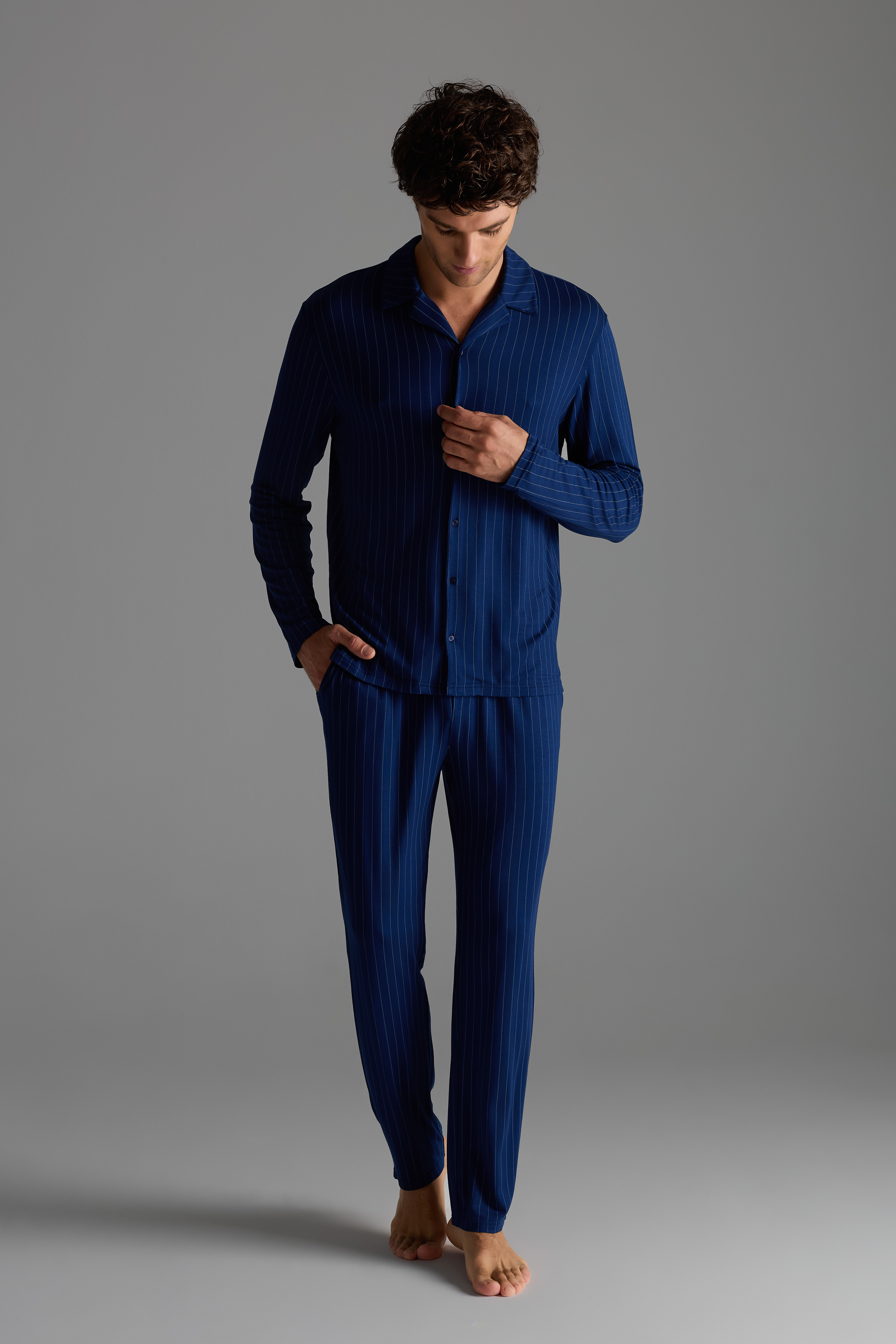 Erkek Viskon Uzun Kollu Gömlek Pijama Takımı