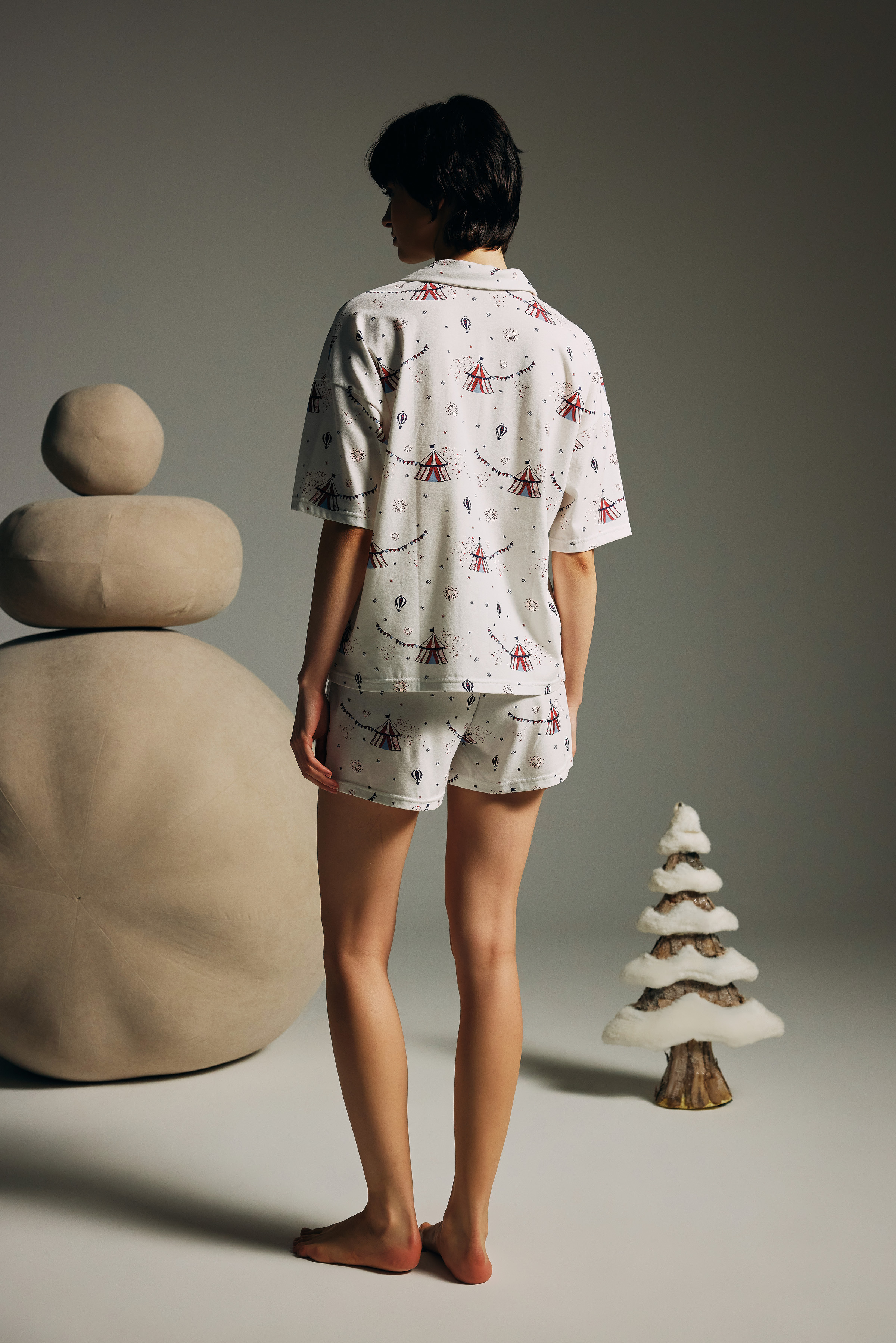 Kadın Pamuklu Kısa Kollu Gömlek Şortlu Pijama Takımı