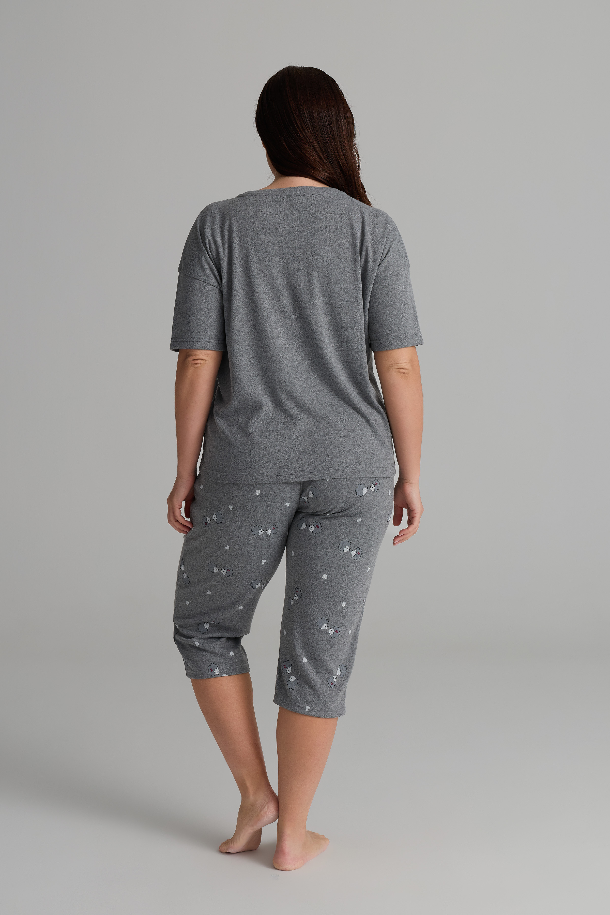 Kadın Plus Size Pamuklu Kısa Kollu Midi Pijama Takımı