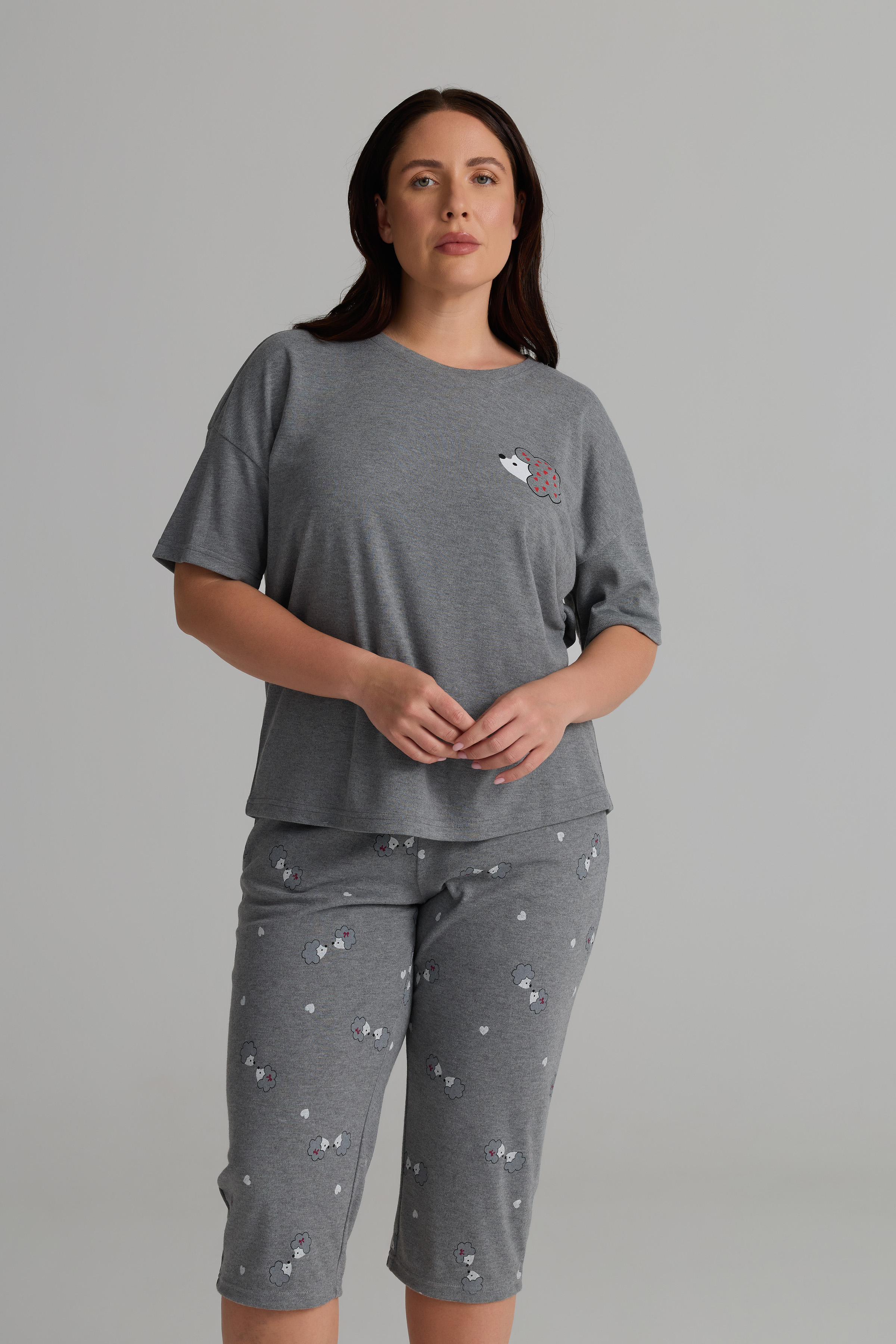 Kadın Plus Size Pamuklu Kısa Kollu Midi Pijama Takımı