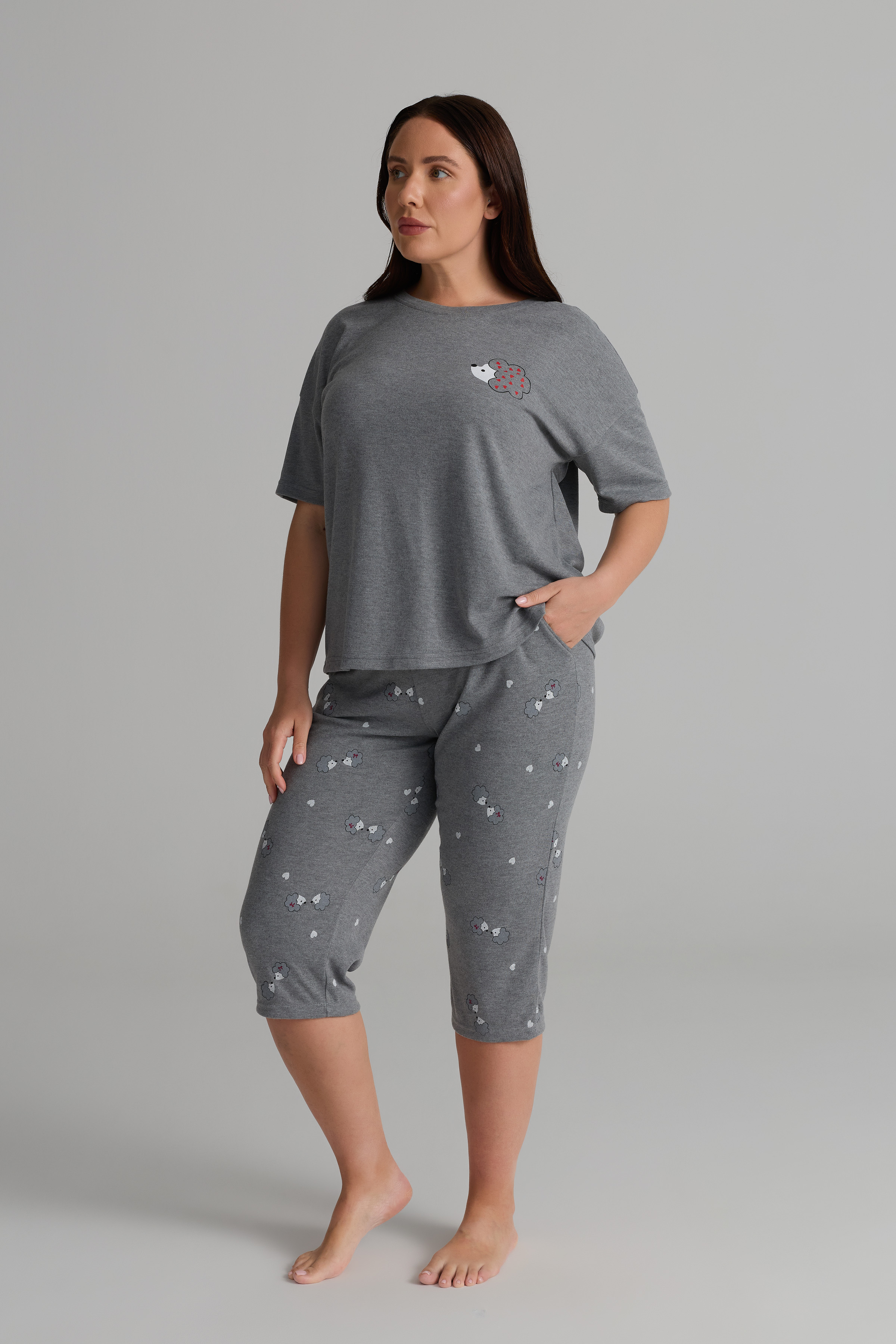 Kadın Plus Size Pamuklu Kısa Kollu Midi Pijama Takımı