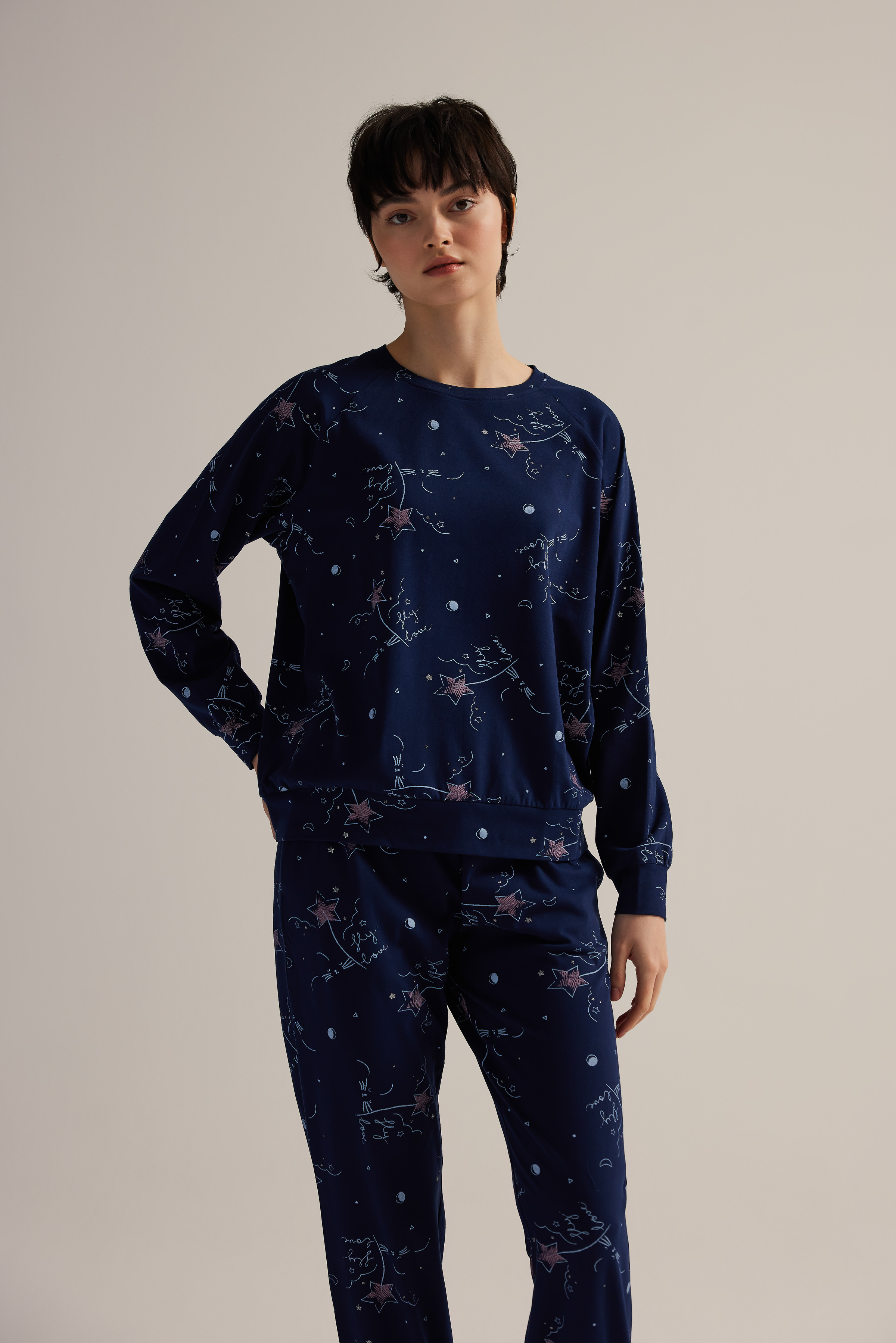 Kadın Pamuklu Uzun Reglan Kollu Pijama Üstü