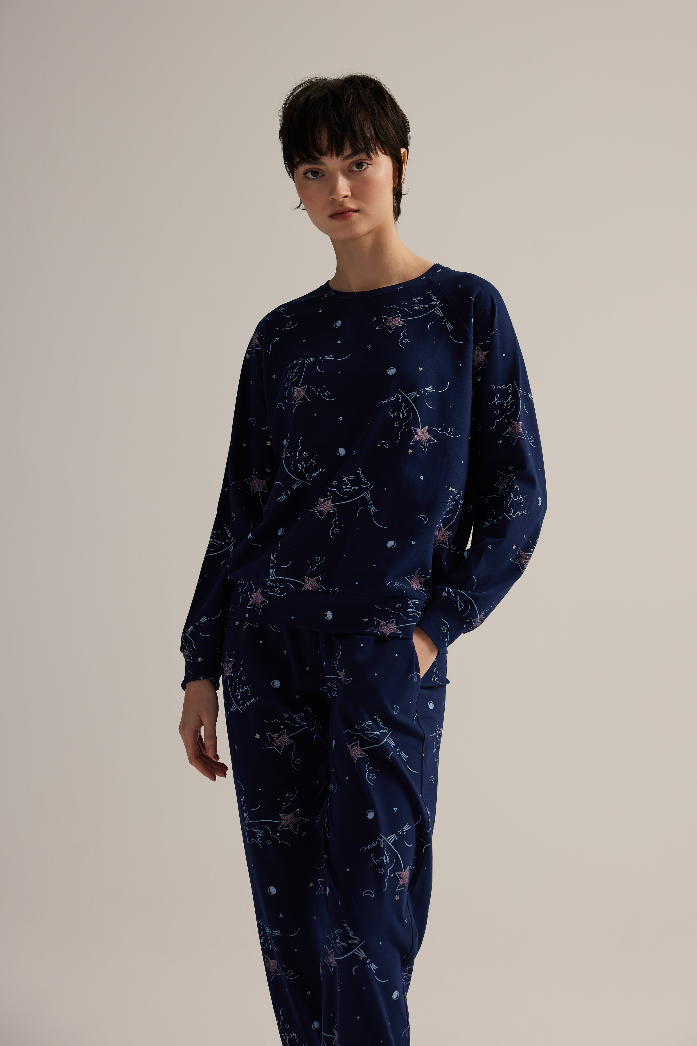 Kadın Pamuklu Uzun Reglan Kollu Pijama Üstü