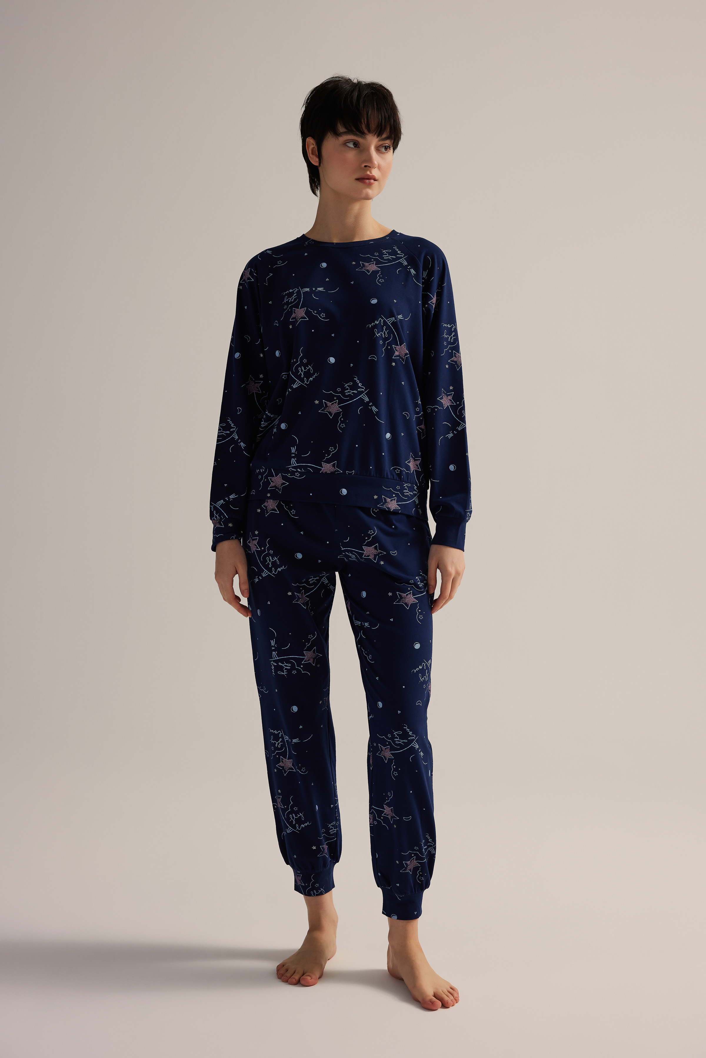 Kadın Pamuklu Uzun Reglan Kollu Pijama Üstü