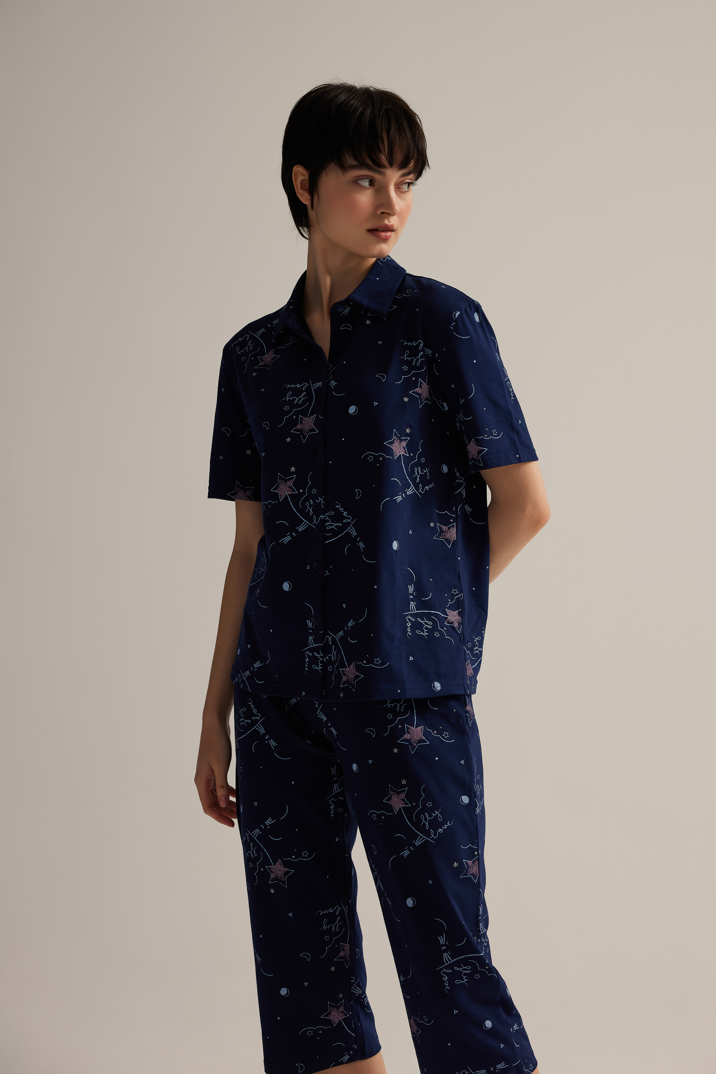 Kadın Pamuklu Kısa Kollu Gömlek Pijama Üstü