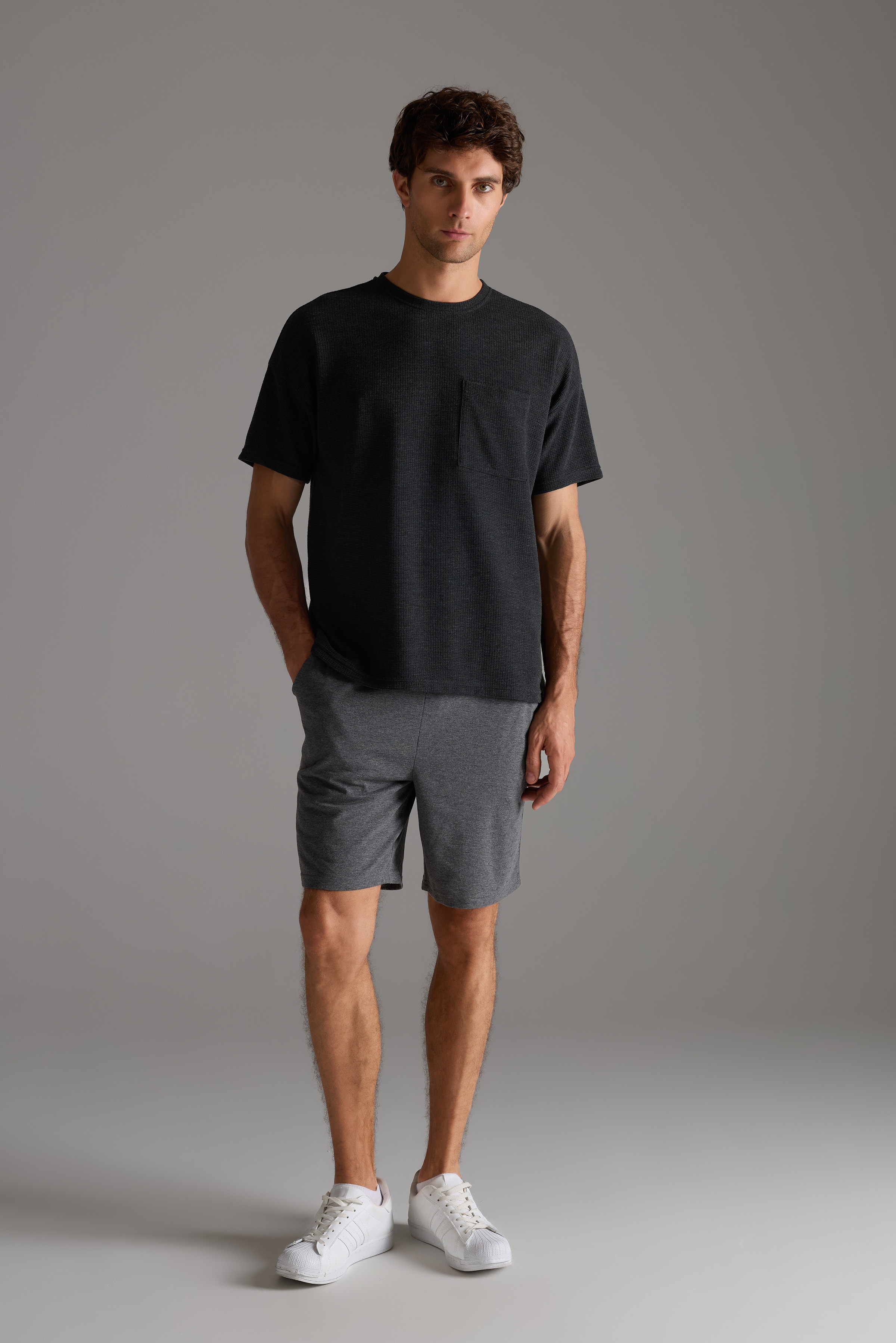 Erkek Petek Dokulu Pamuklu Şortlu Takım