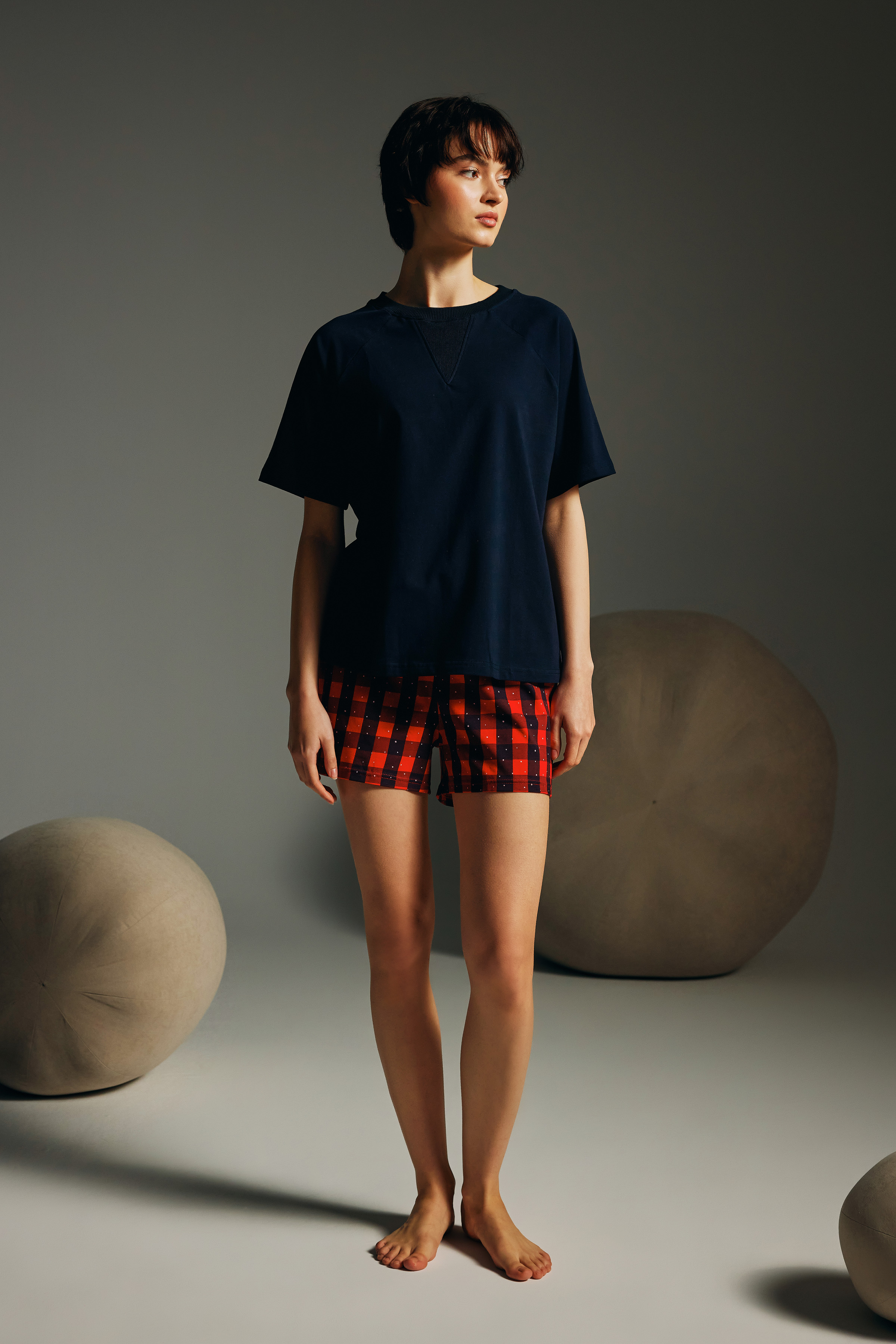 Kadın Pamuklu Reglan Kısa Kollu Pijama Üstü