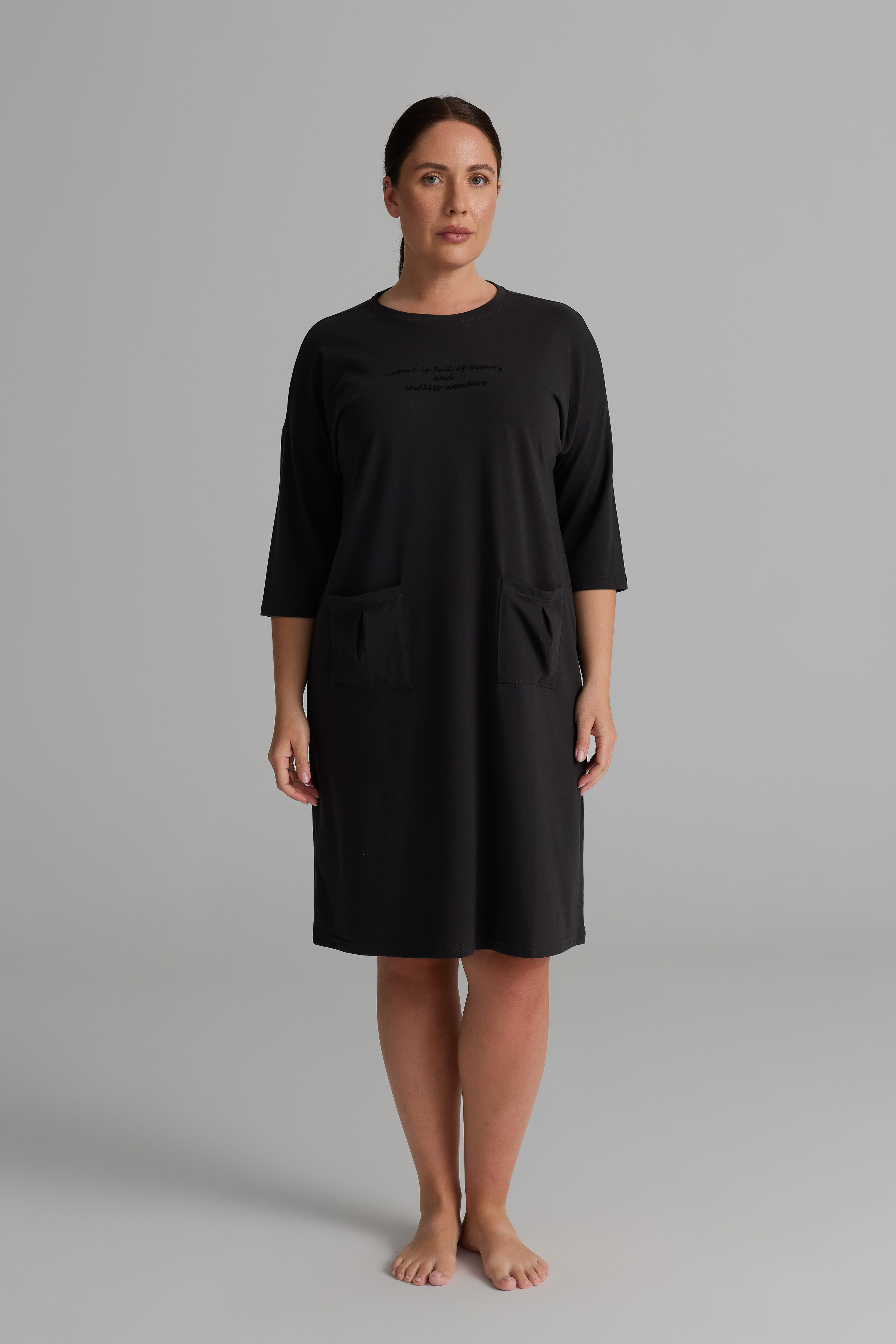 Kadın Plus Size Pamuklu Uzun Kollu Gecelik