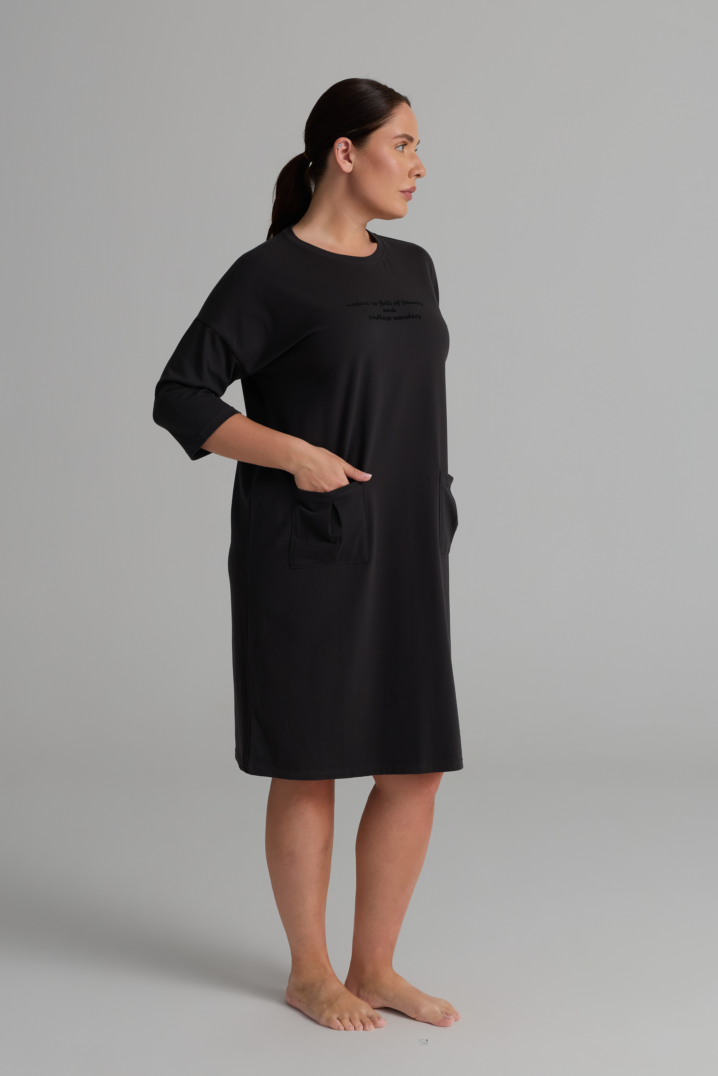 Kadın Plus Size Pamuklu Uzun Kollu Gecelik