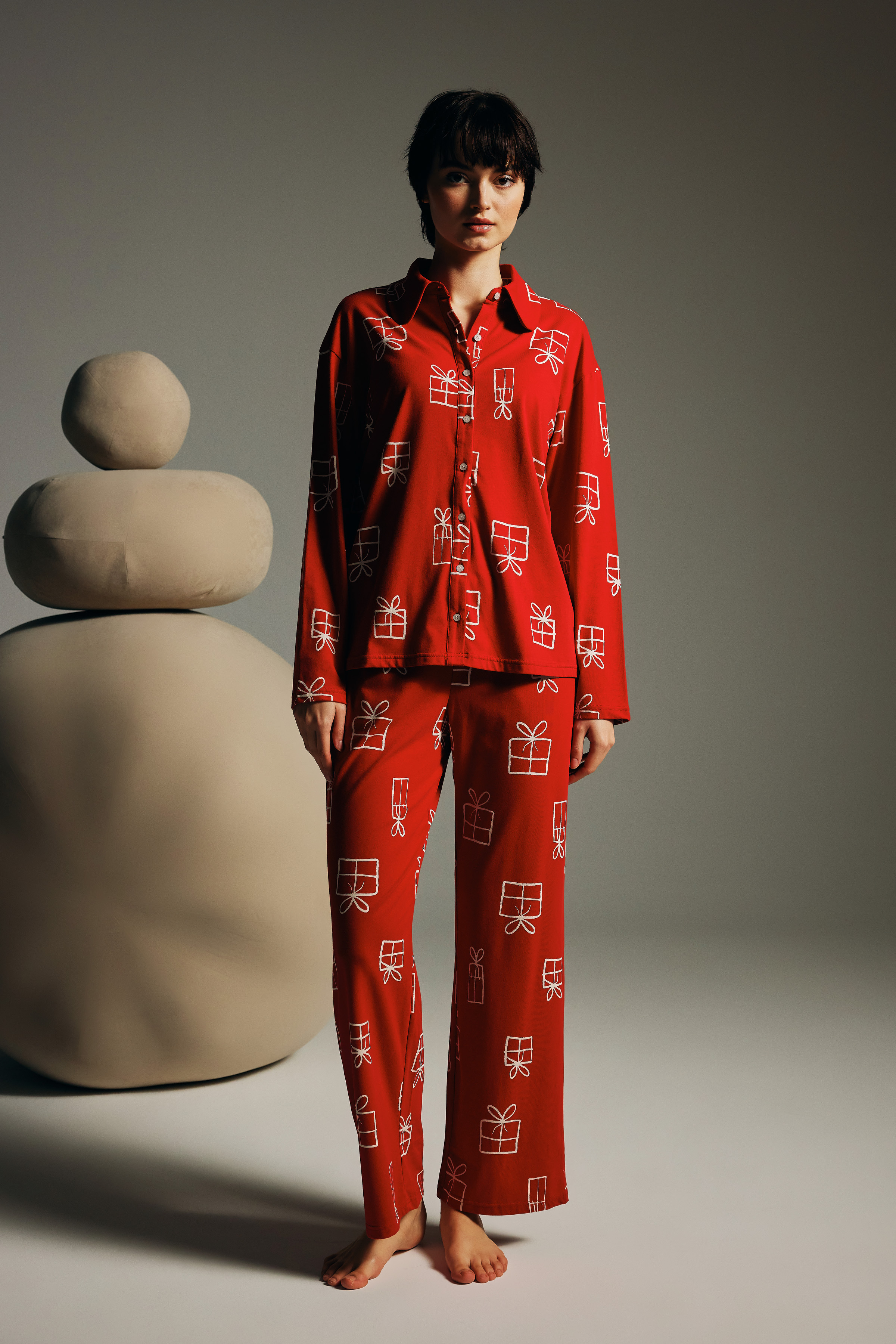 Kadın Pamuklu Uzun Kollu Gömlek Pijama Takımı