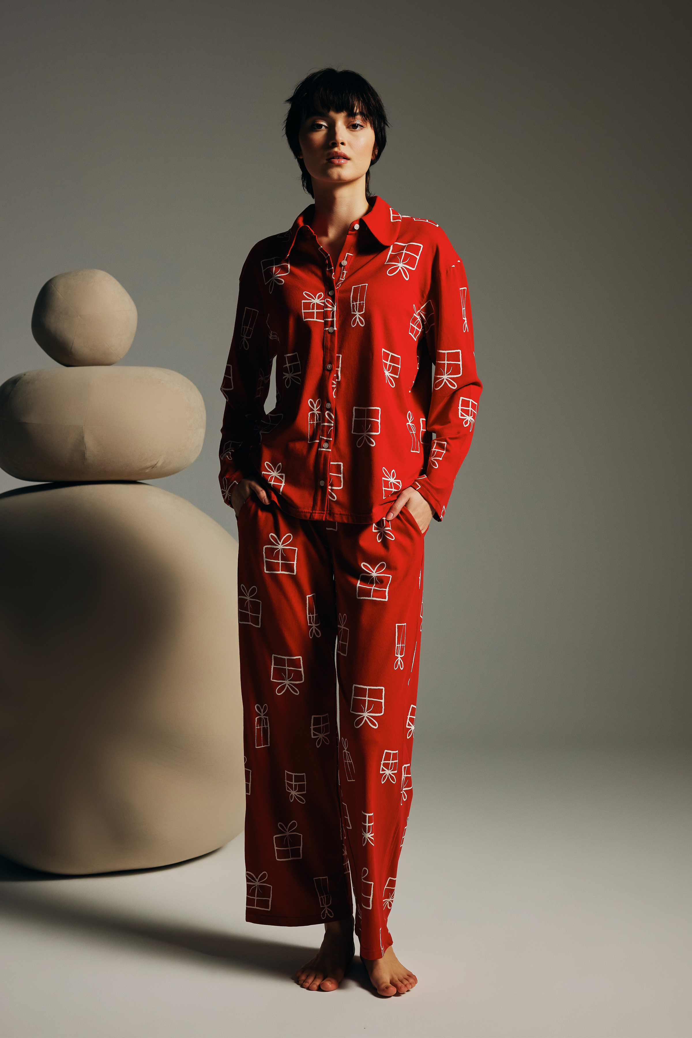 Kadın Pamuklu Uzun Kollu Gömlek Pijama Takımı