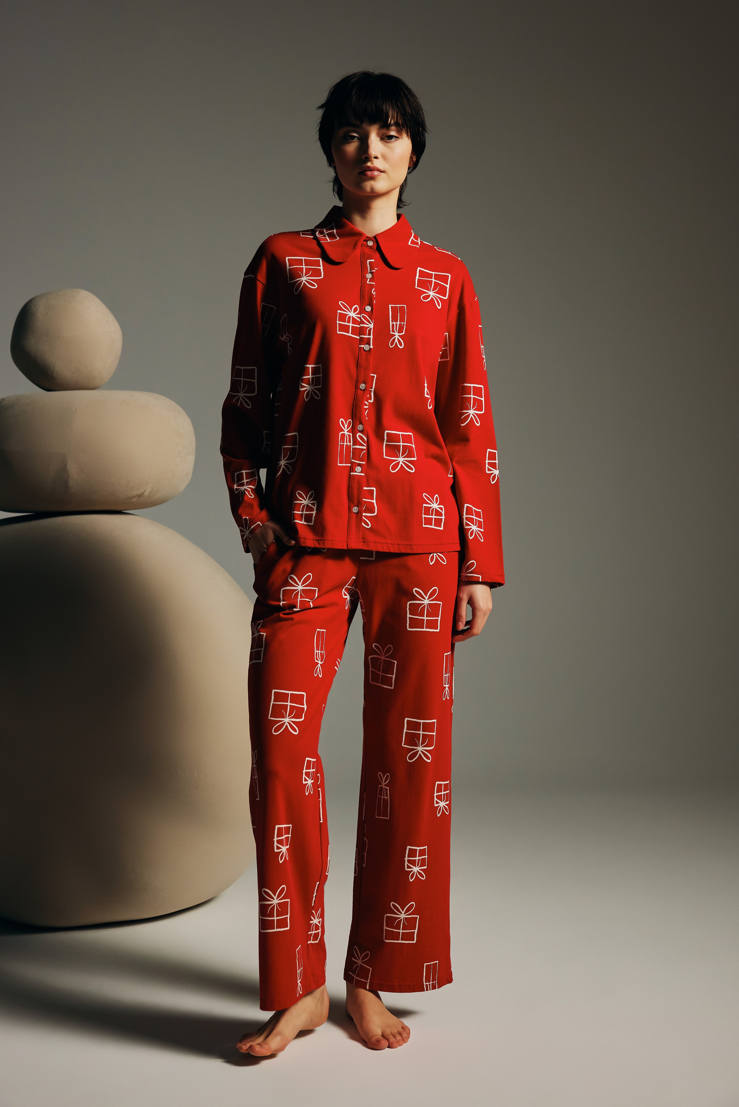 Kadın Pamuklu Uzun Kollu Gömlek Pijama Takımı