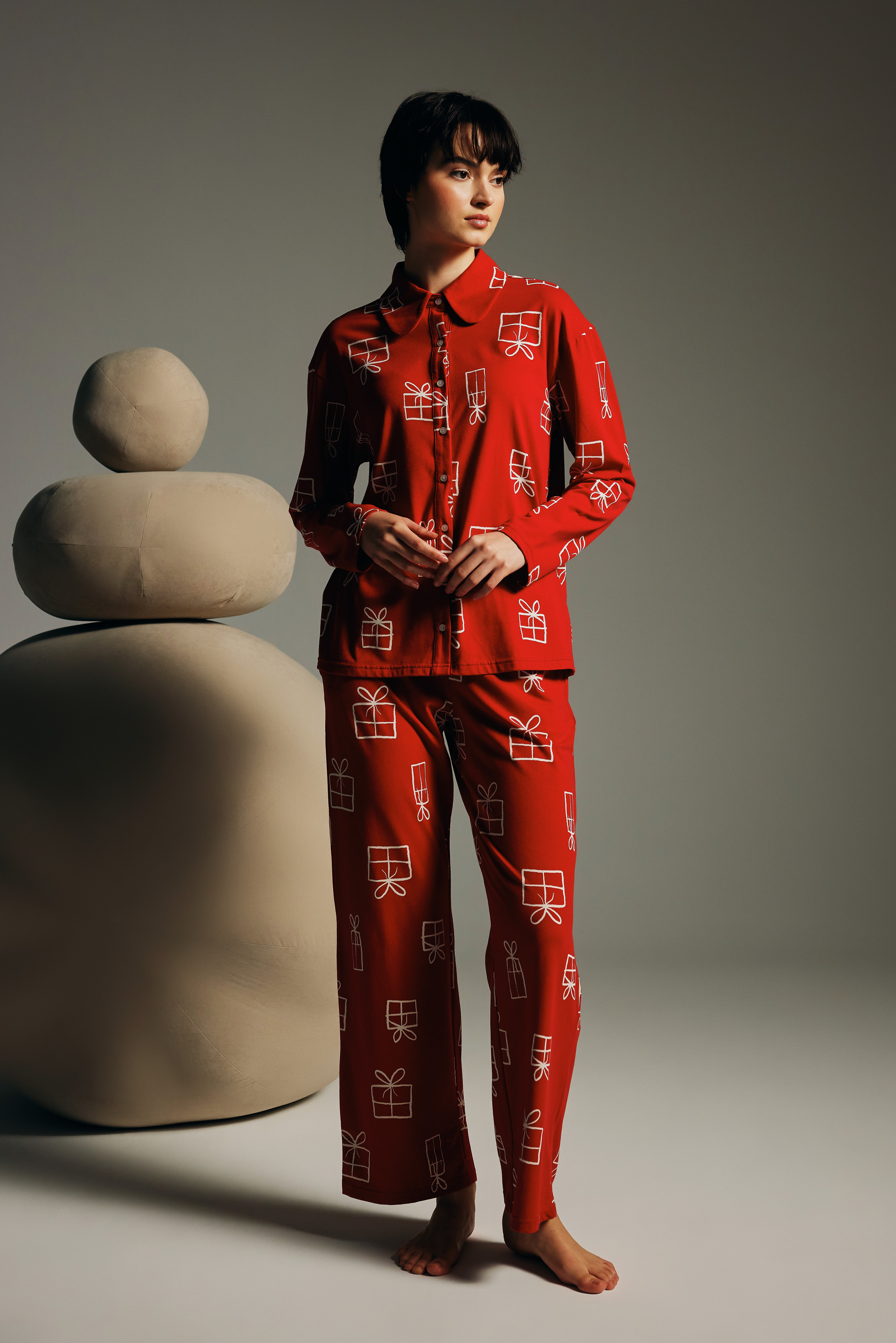 Kadın Pamuklu Uzun Kollu Gömlek Pijama Takımı