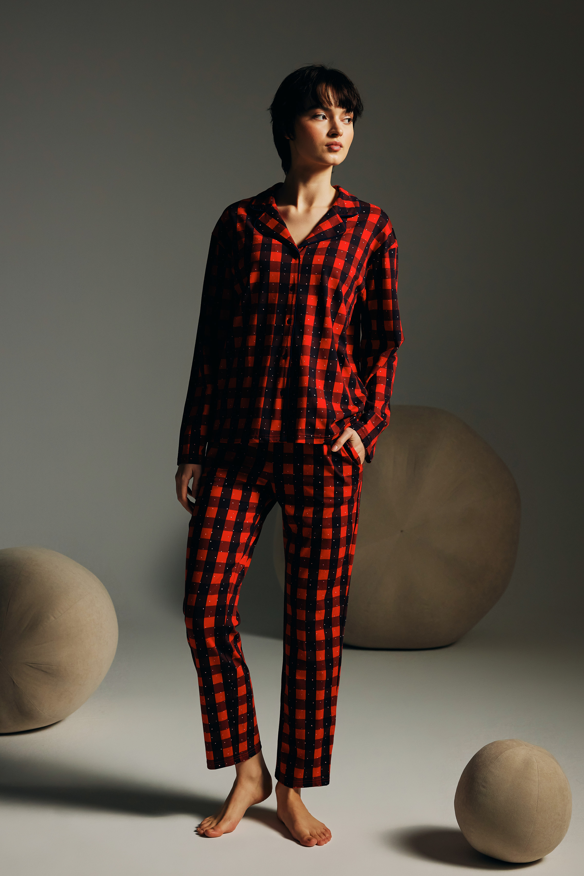 Kadın Pamuklu Uzun Kollu Gömlek Pijama Üstü