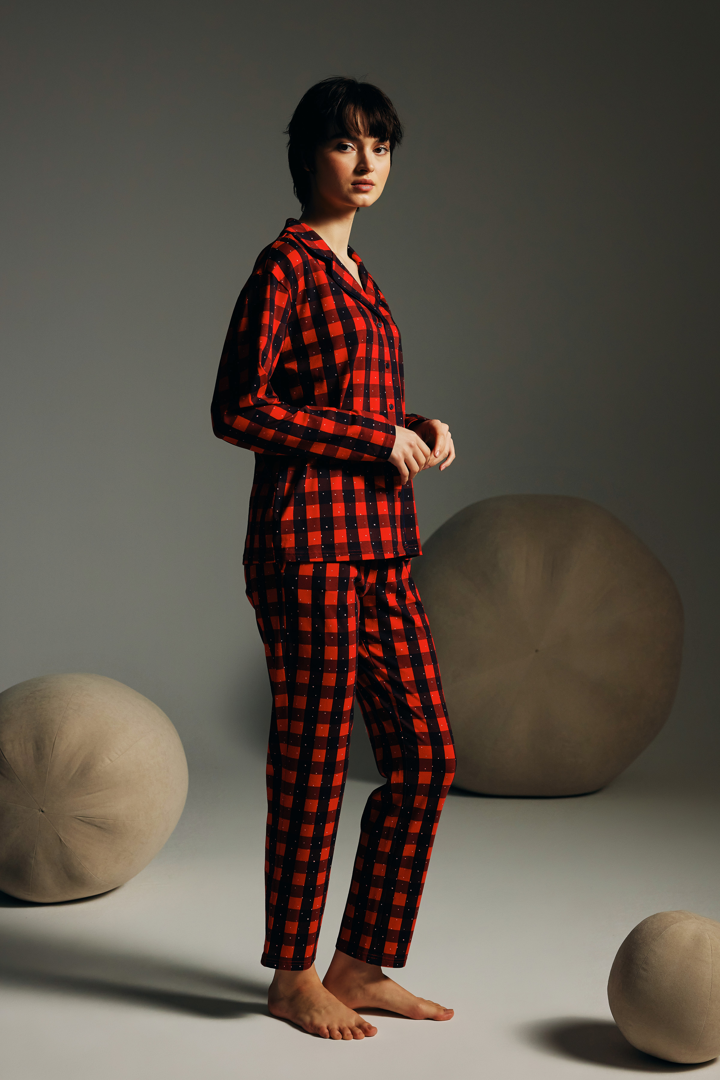 Kadın Pamuklu Uzun Kollu Gömlek Pijama Üstü
