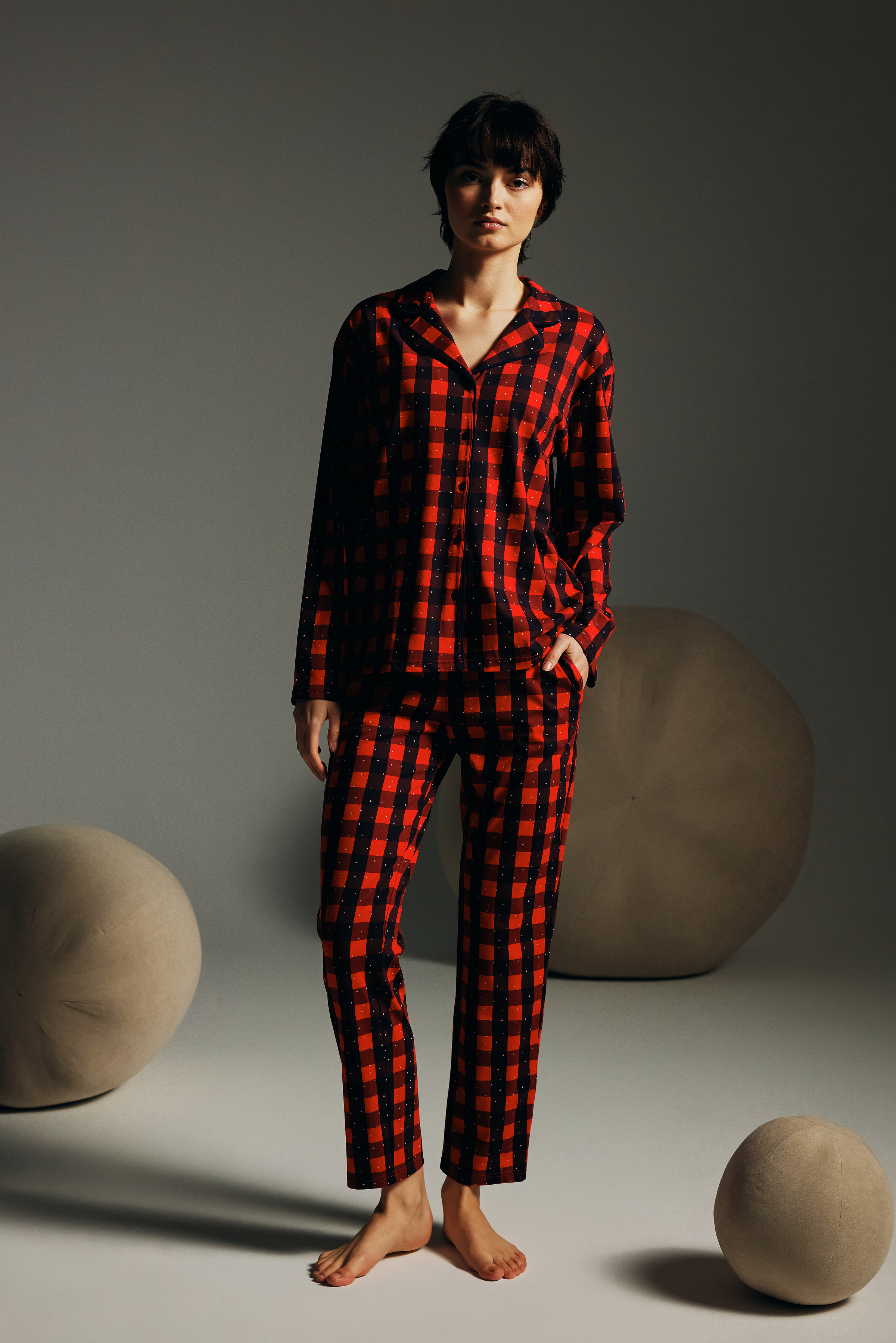 Kadın Pamuklu Uzun Kollu Gömlek Pijama Takımı