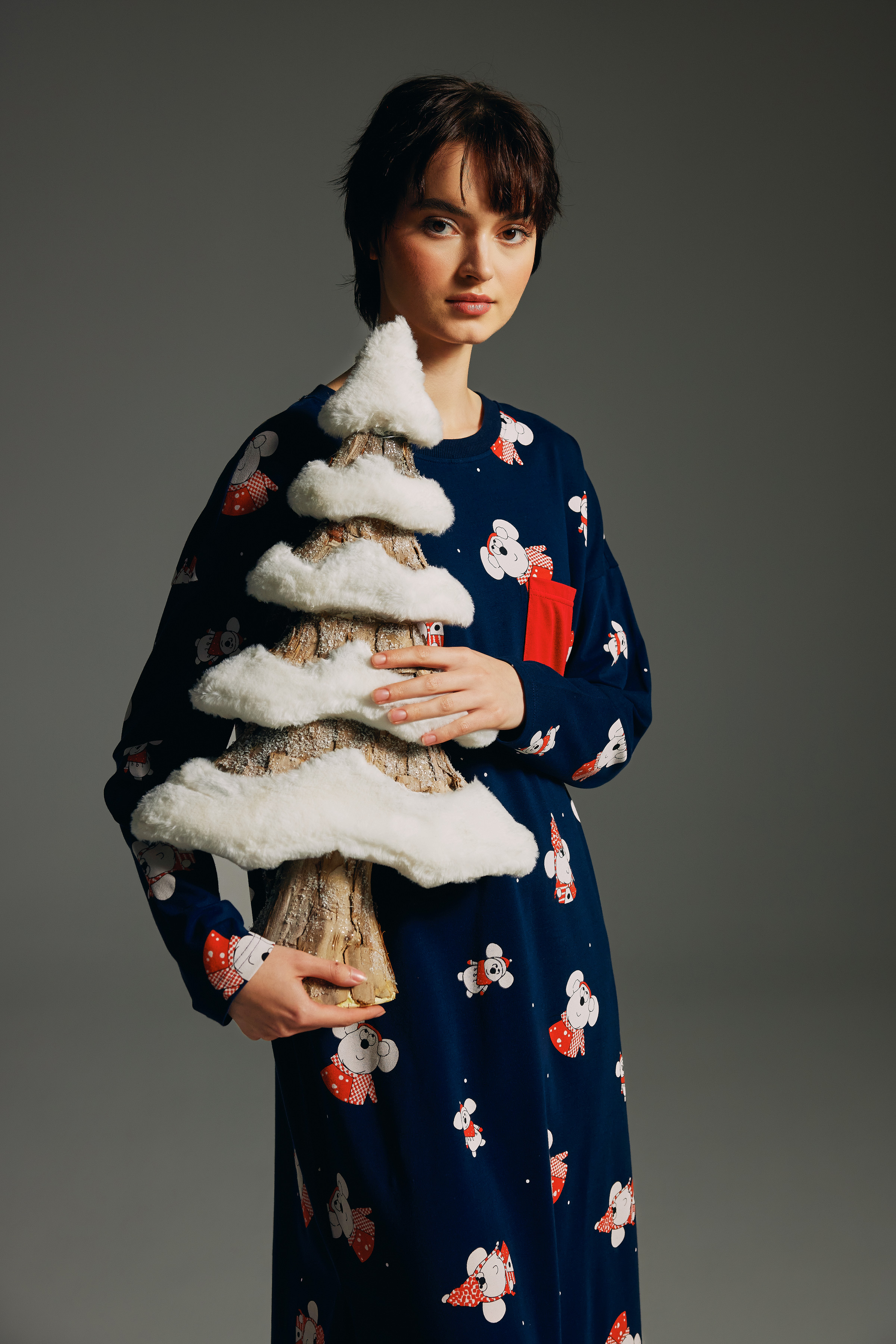 Kadın Pamuklu Uzun Kollu Cep Detaylı Yırtmaçlı Gecelik