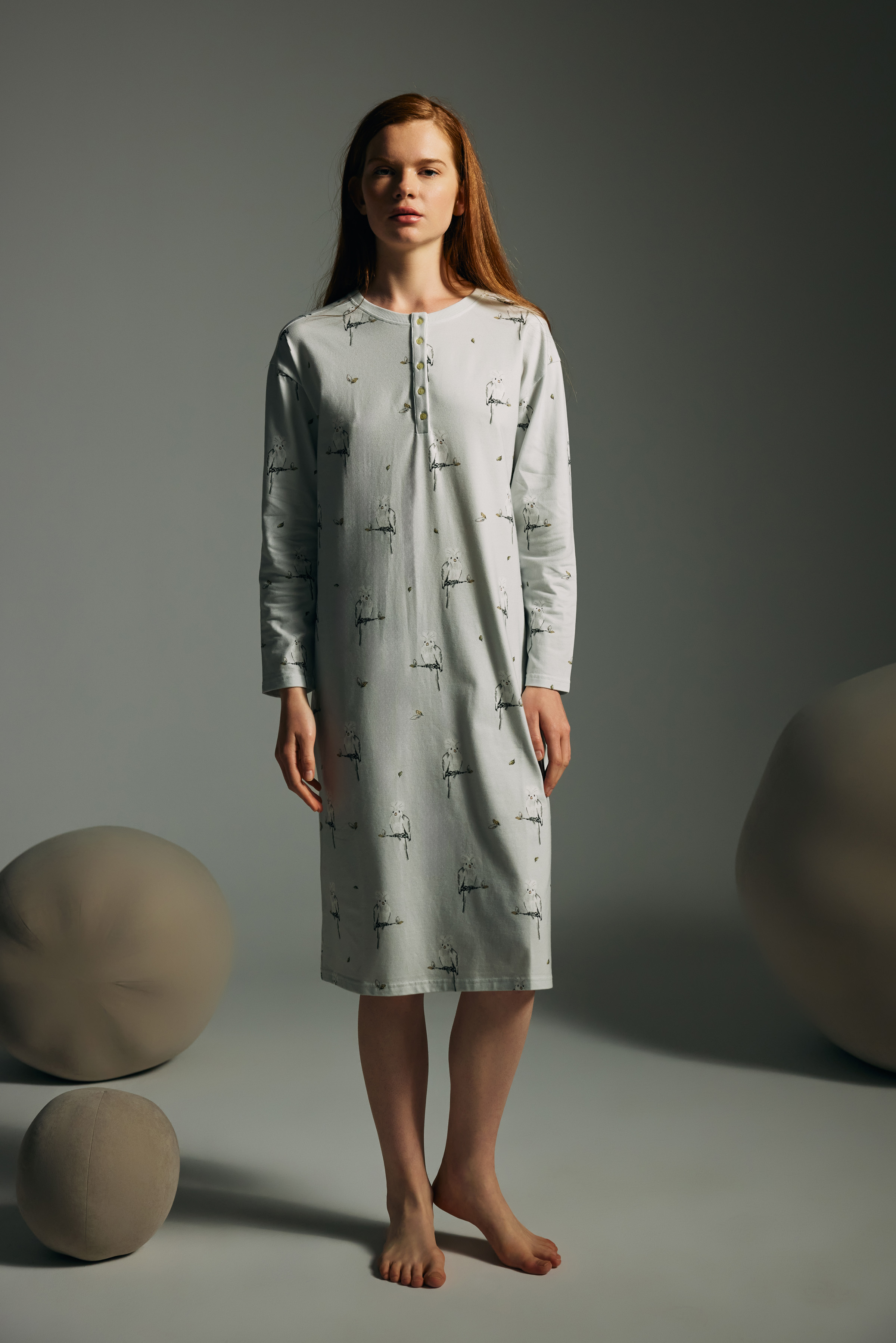 Kadın Pamuklu Uzun Kollu Patlı Gecelik