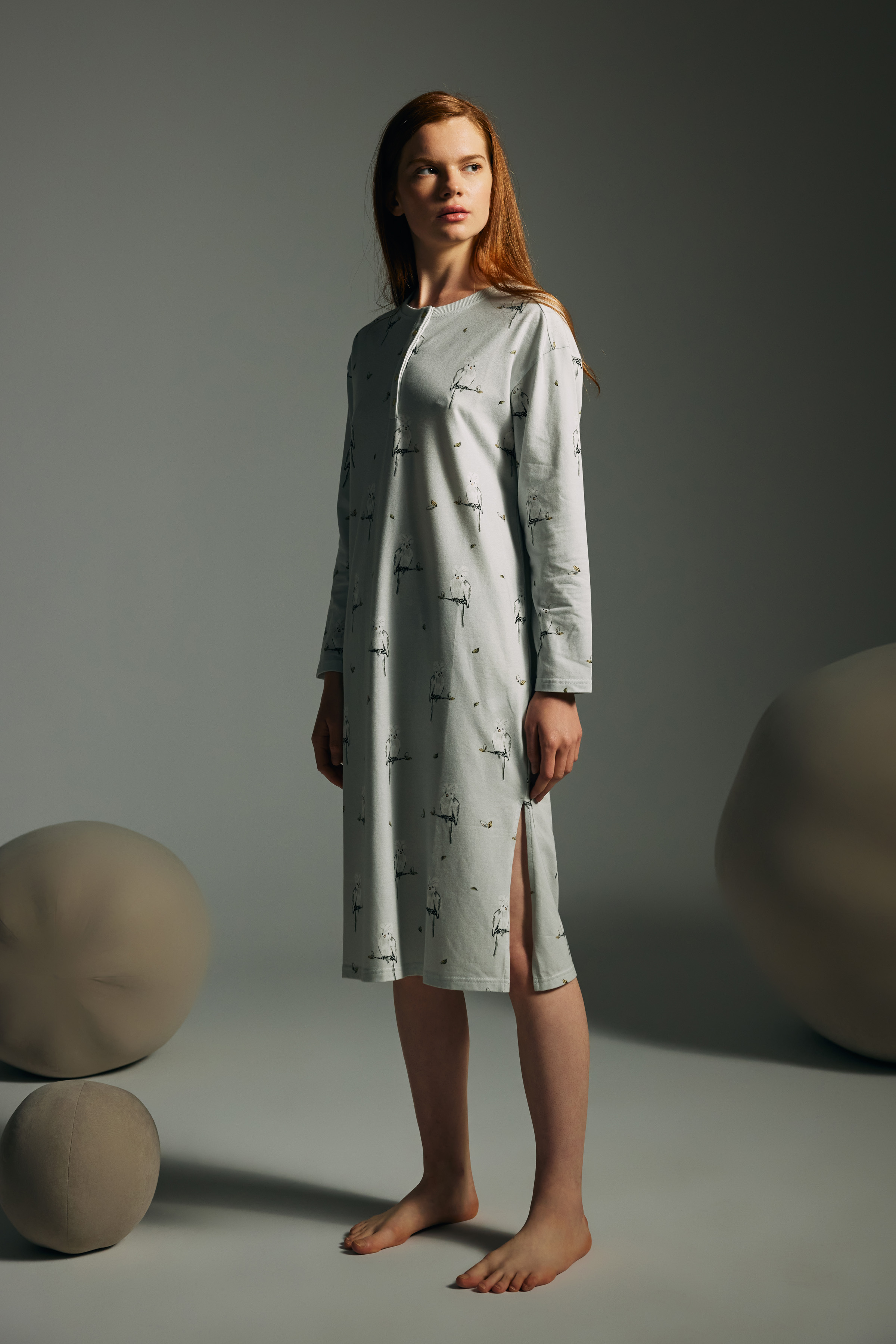 Kadın Pamuklu Uzun Kollu Patlı Gecelik