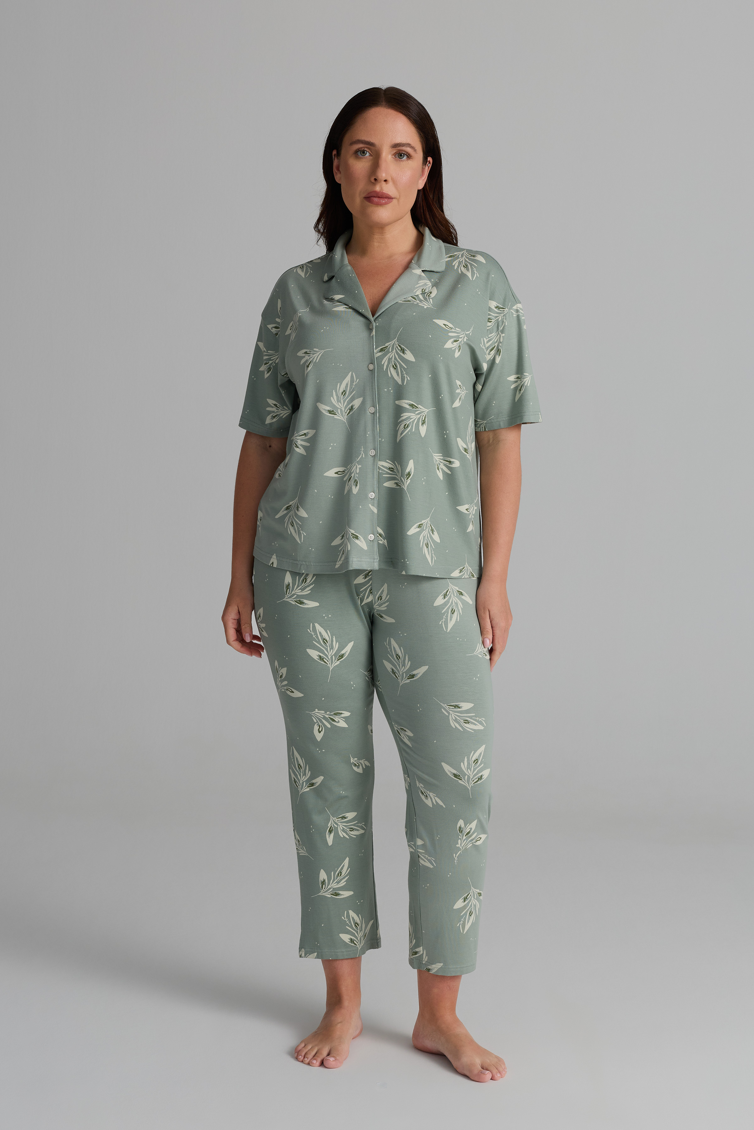 Kadın Plus Size Viskon Kısa Kollu Gömlek Uzun Pijama Takımı