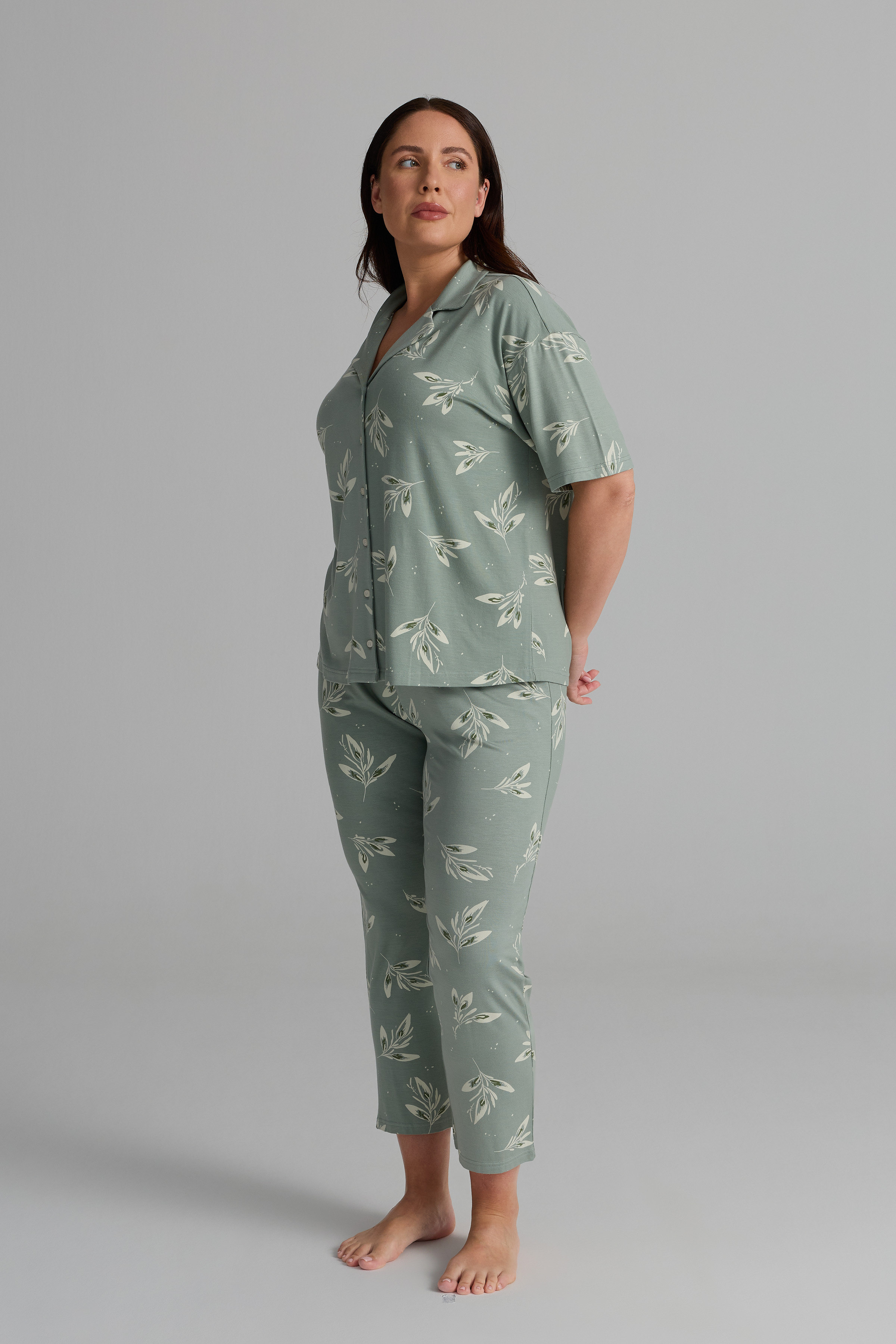 Kadın Plus Size Viskon Kısa Kollu Gömlek Uzun Pijama Takımı